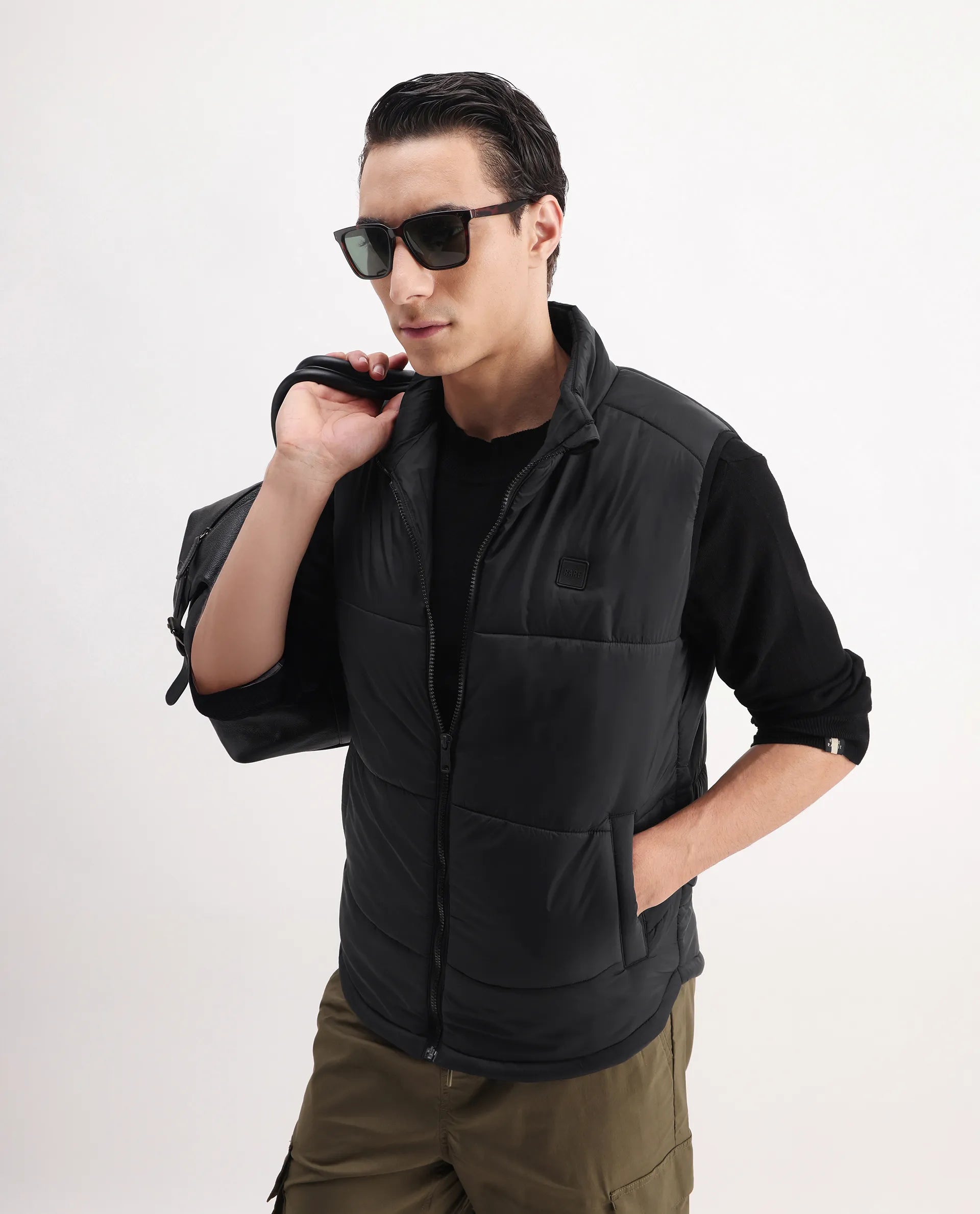 Rare Rabbit Men's Berry-25 Black Polyester Plain Regular Fit Sleeveless High Neck Jacket