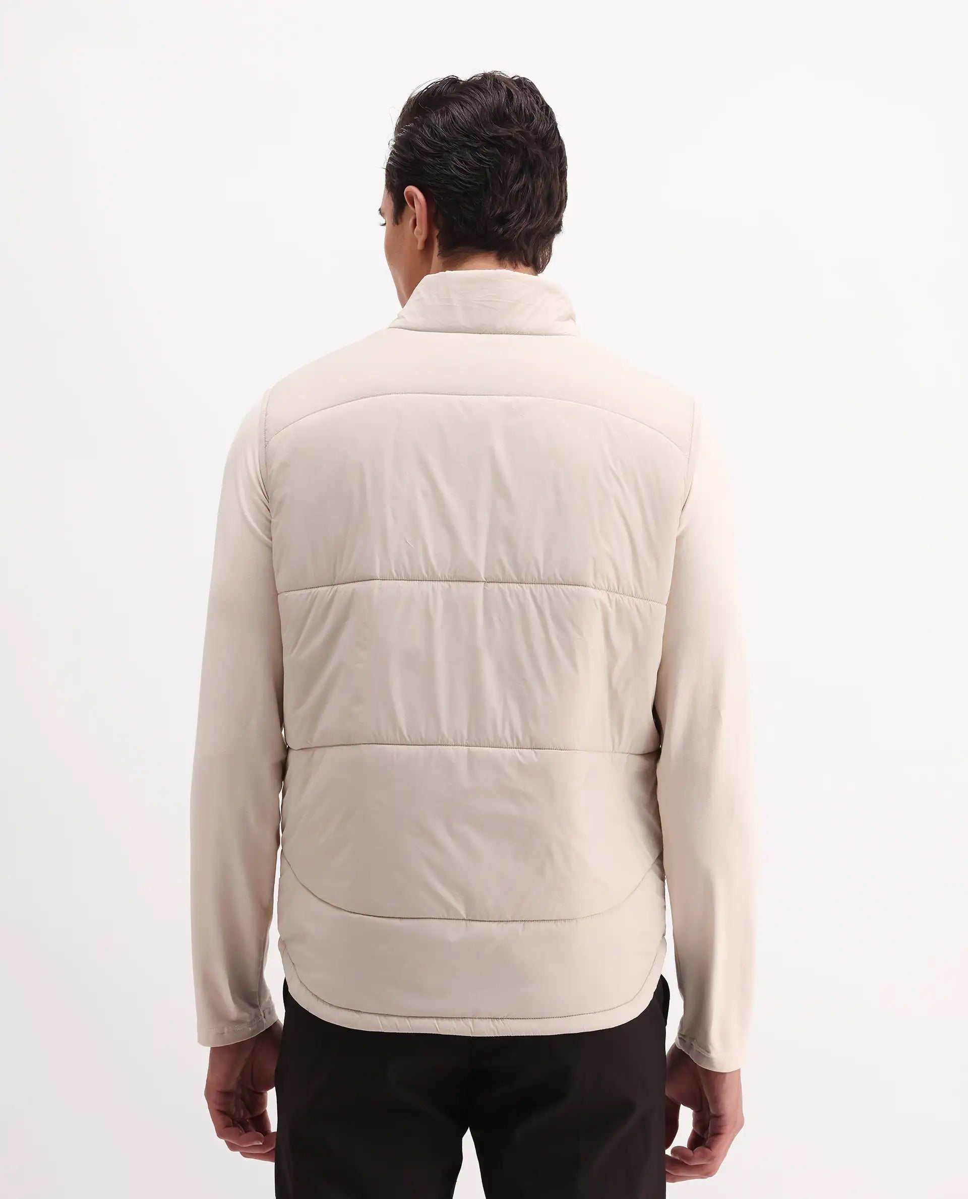 Rare Rabbit Men's Berry-25 Beige Polyester Fabric Sleeveless High Neck Plain Puffer Jacket