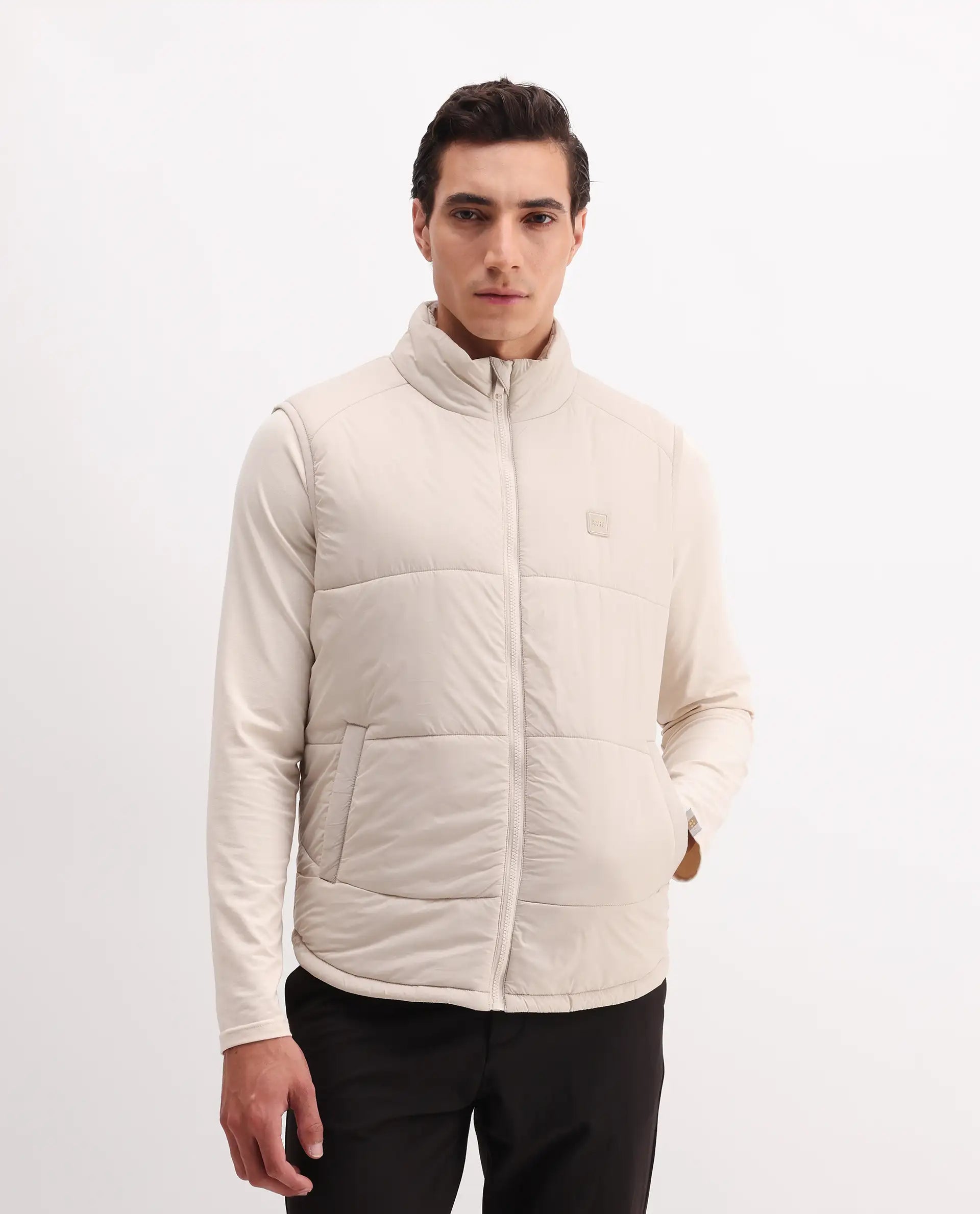 Rare Rabbit Men's Berry-25 Beige Polyester Fabric Sleeveless High Neck Plain Puffer Jacket
