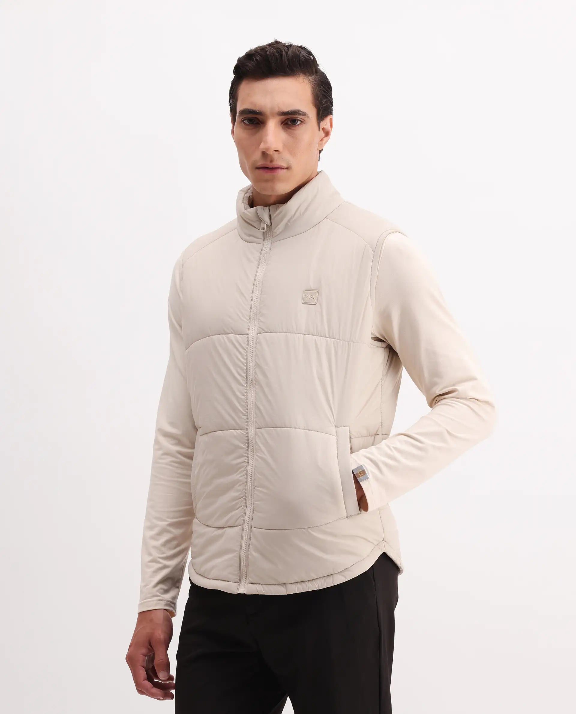 Rare Rabbit Men's Berry-25 Beige Polyester Fabric Sleeveless High Neck Plain Puffer Jacket