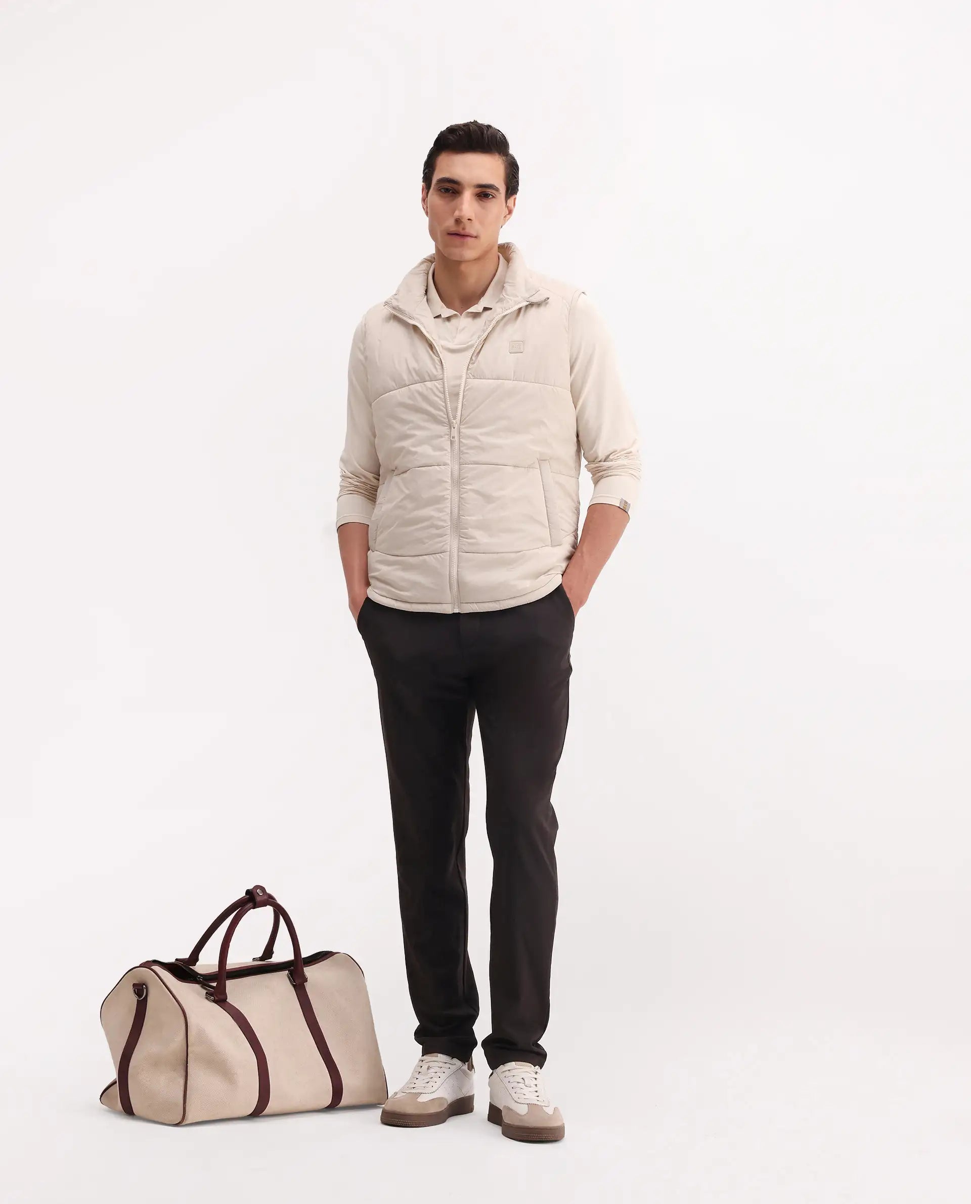 Rare Rabbit Men's Berry-25 Beige Polyester Fabric Sleeveless High Neck Plain Puffer Jacket