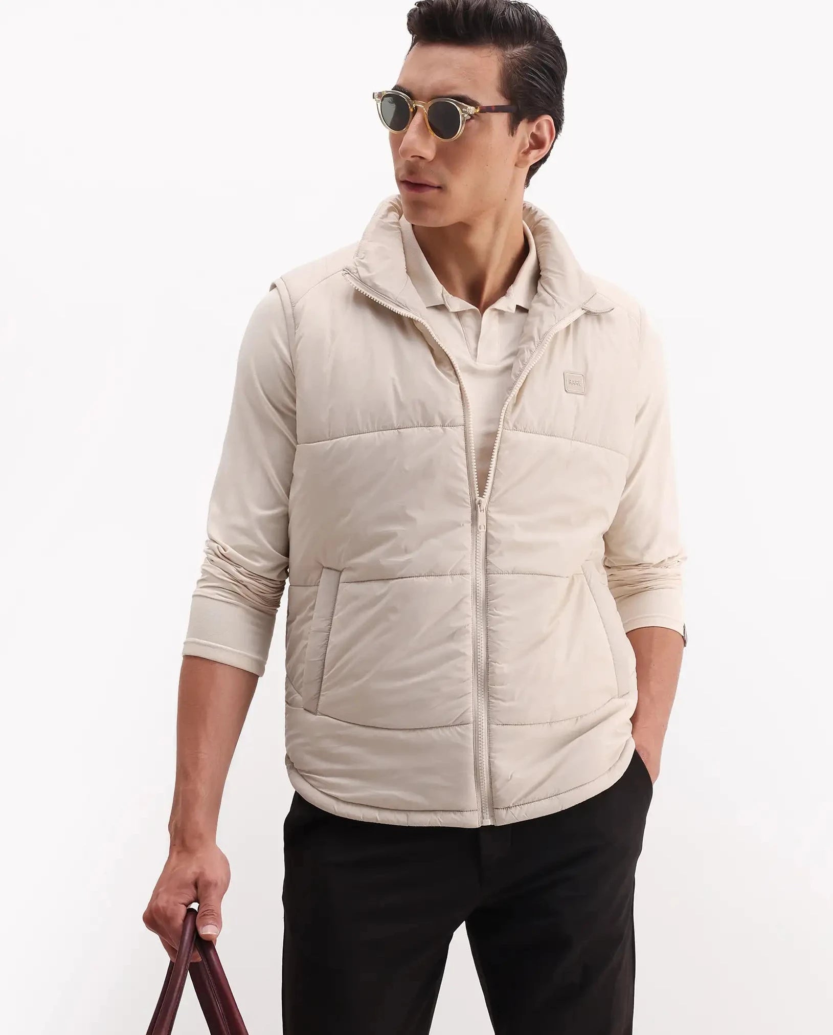 Rare Rabbit Men's Berry-25 Beige Polyester Fabric Sleeveless High Neck Plain Puffer Jacket