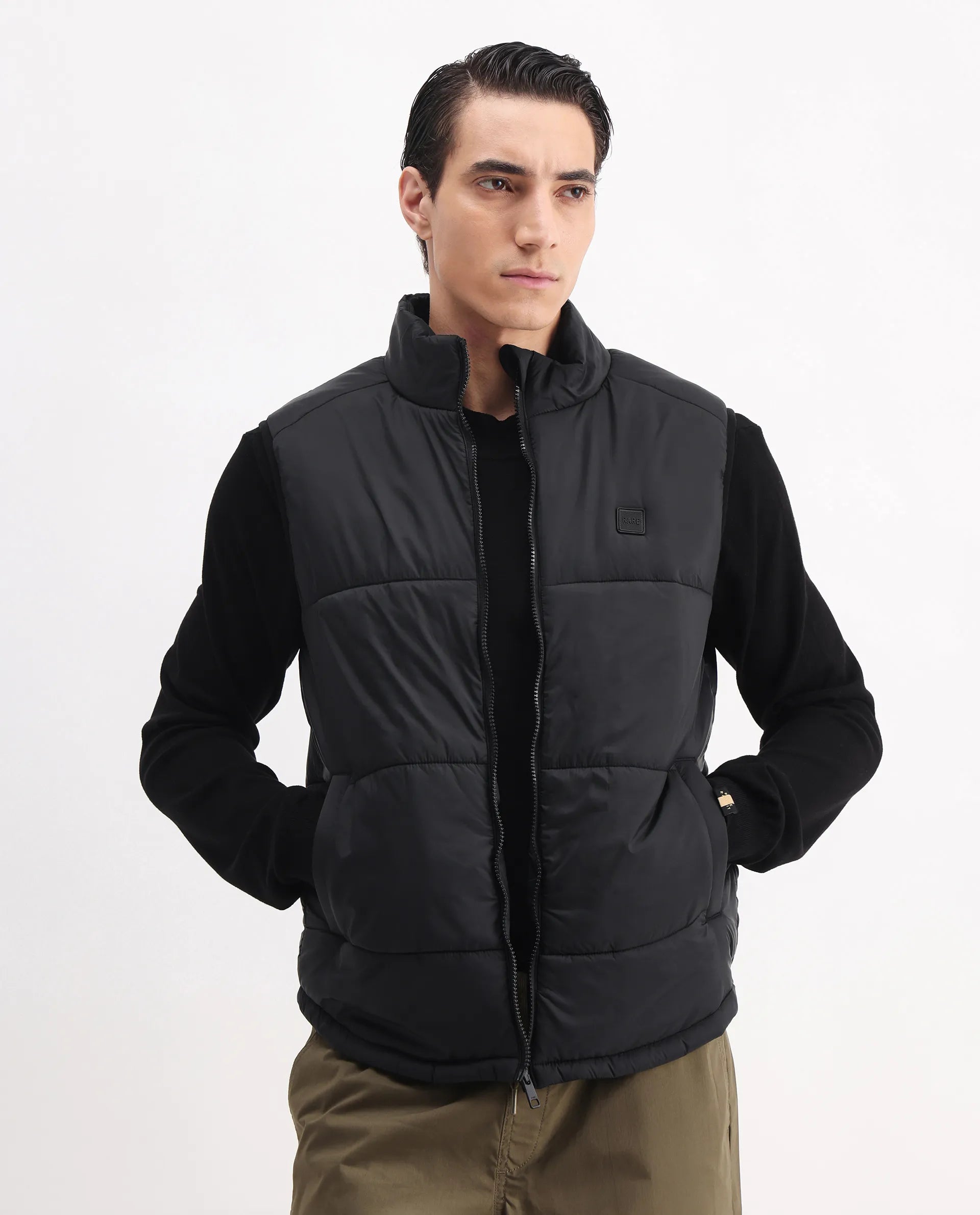 Rare Rabbit Men's Berry-25 Black Polyester Plain Regular Fit Sleeveless High Neck Jacket