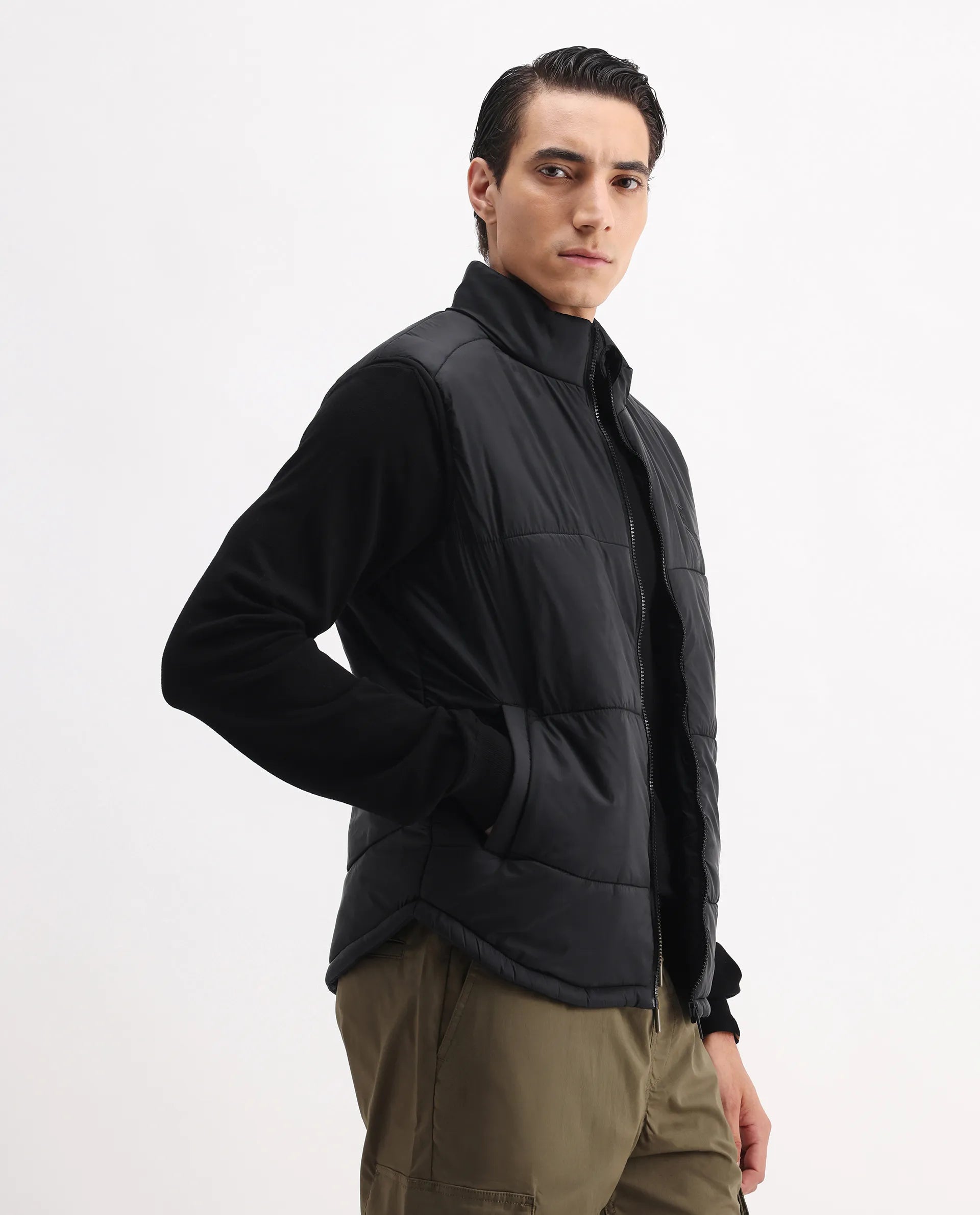 Rare Rabbit Men's Berry-25 Black Polyester Plain Regular Fit Sleeveless High Neck Jacket