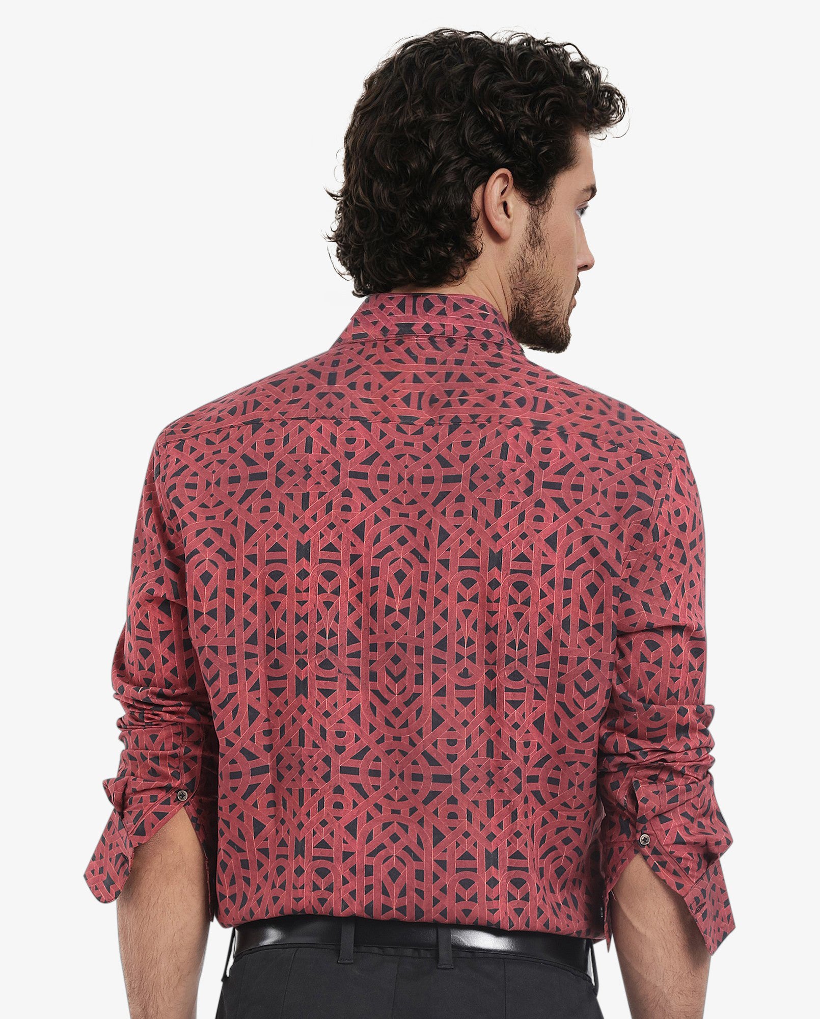 Rare Rabbit Men's Betel Dark Red Viscose Fabric Full Sleeve Regular Fit Geometric Print Shirt