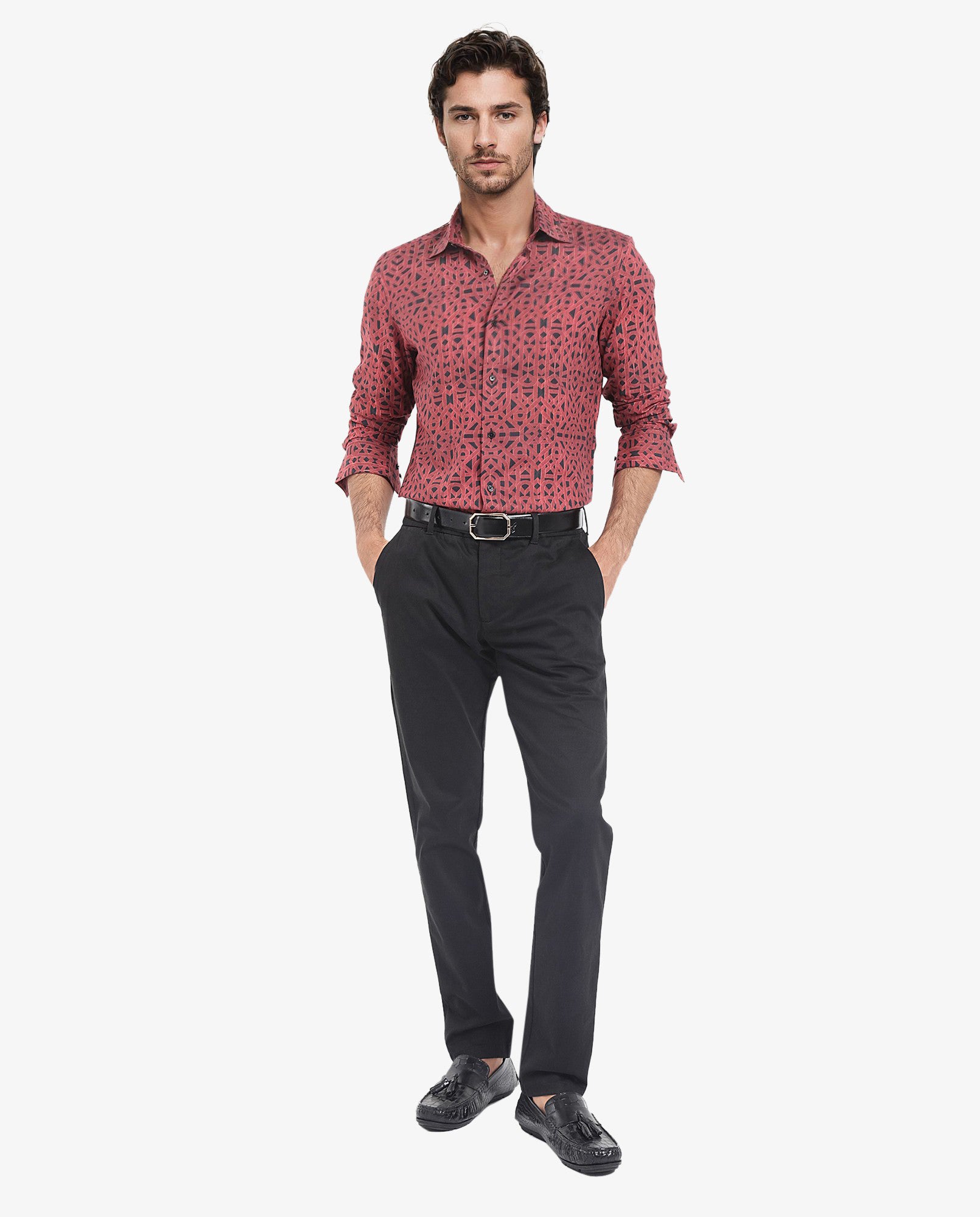 Rare Rabbit Men's Betel Dark Red Viscose Fabric Full Sleeve Regular Fit Geometric Print Shirt