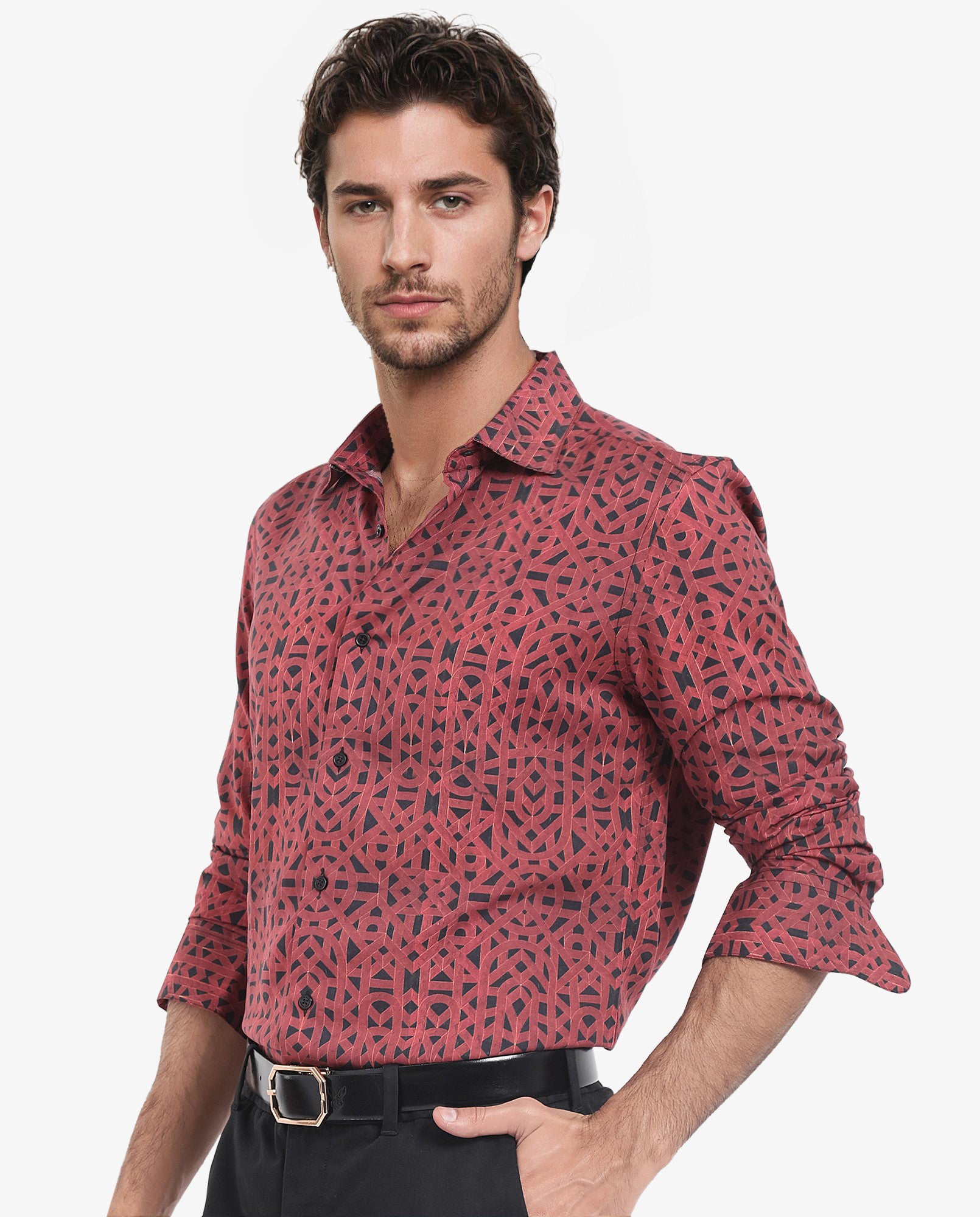 Rare Rabbit Men's Betel Dark Red Viscose Fabric Full Sleeve Regular Fit Geometric Print Shirt