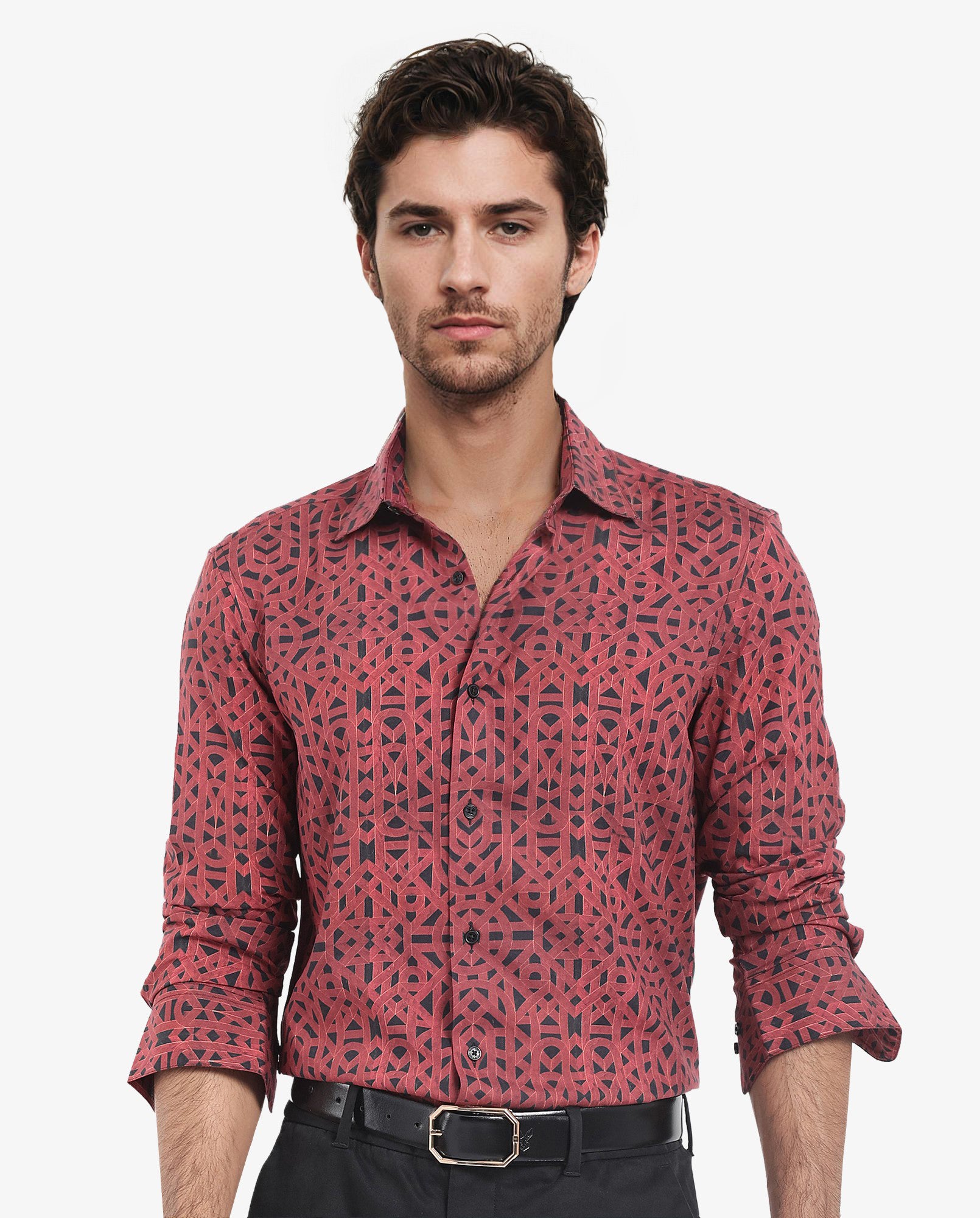 Rare Rabbit Men's Betel Dark Red Viscose Fabric Full Sleeve Regular Fit Geometric Print Shirt