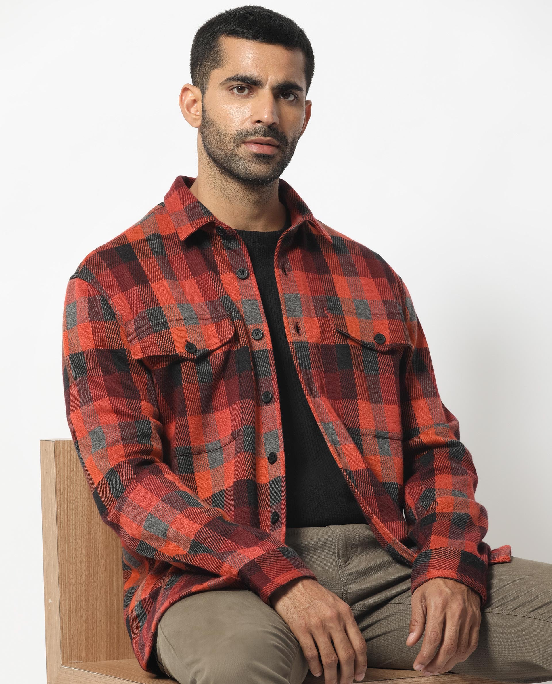 Rare Rabbit Black Shacket Men Checked Zip-Front Shacket With Side