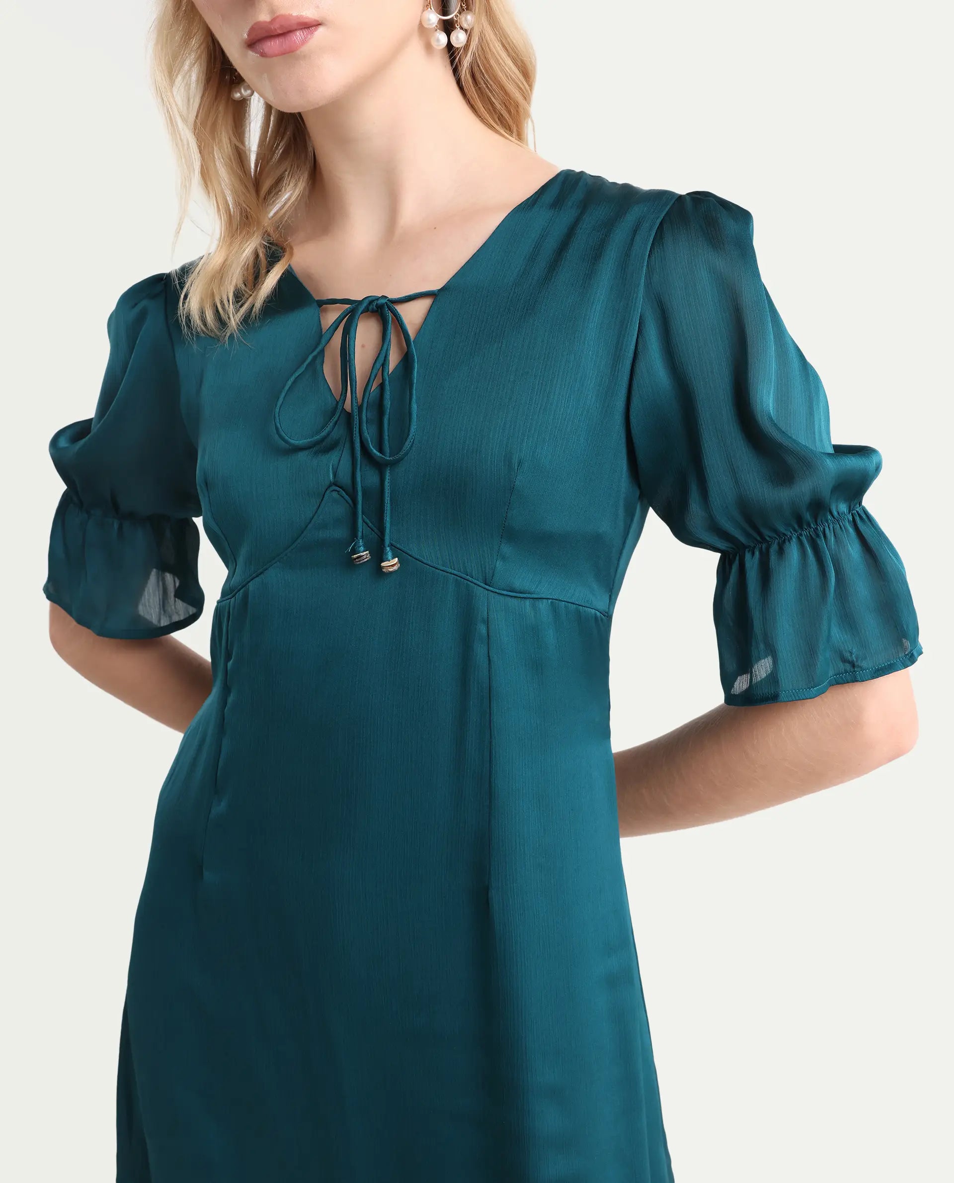 Rareism Women's Betty-Green V-Neck Plain Puff Sleeves Knee Length Tailored Dress