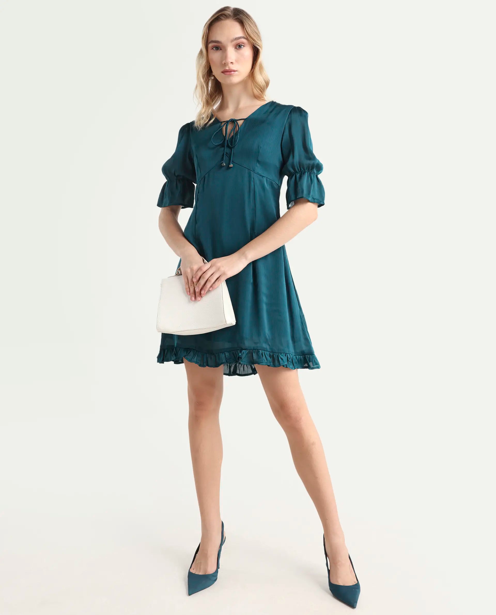 Rareism Women's Betty-Green V-Neck Plain Puff Sleeves Knee Length Tailored Dress