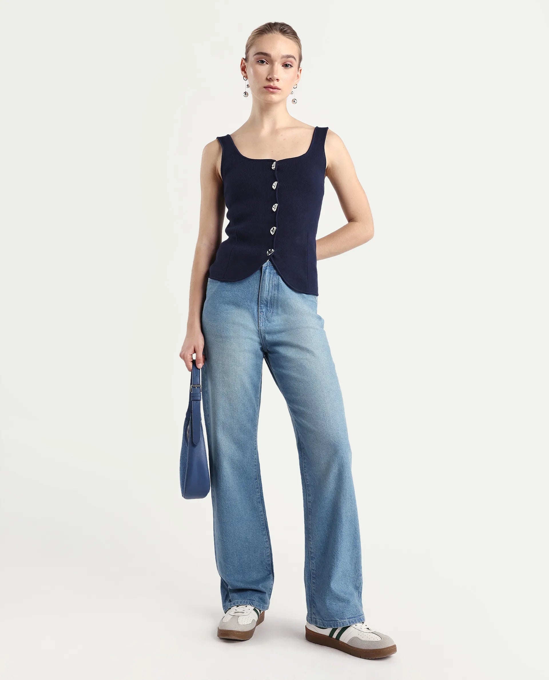 Rareism Women's Beuk Light Blue Cotton Blend Plain Ankle Length Smart Straight Fit Jeans