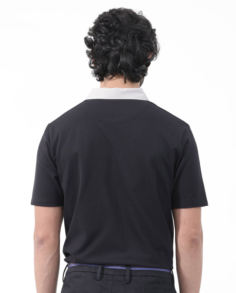 Rare Rabbit Mens Belton Black Contrasting Collar Short Sleeve Solid Polo T-Shirt