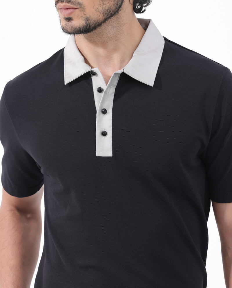 Rare Rabbit Mens Belton Black Contrasting Collar Short Sleeve Solid Polo T-Shirt