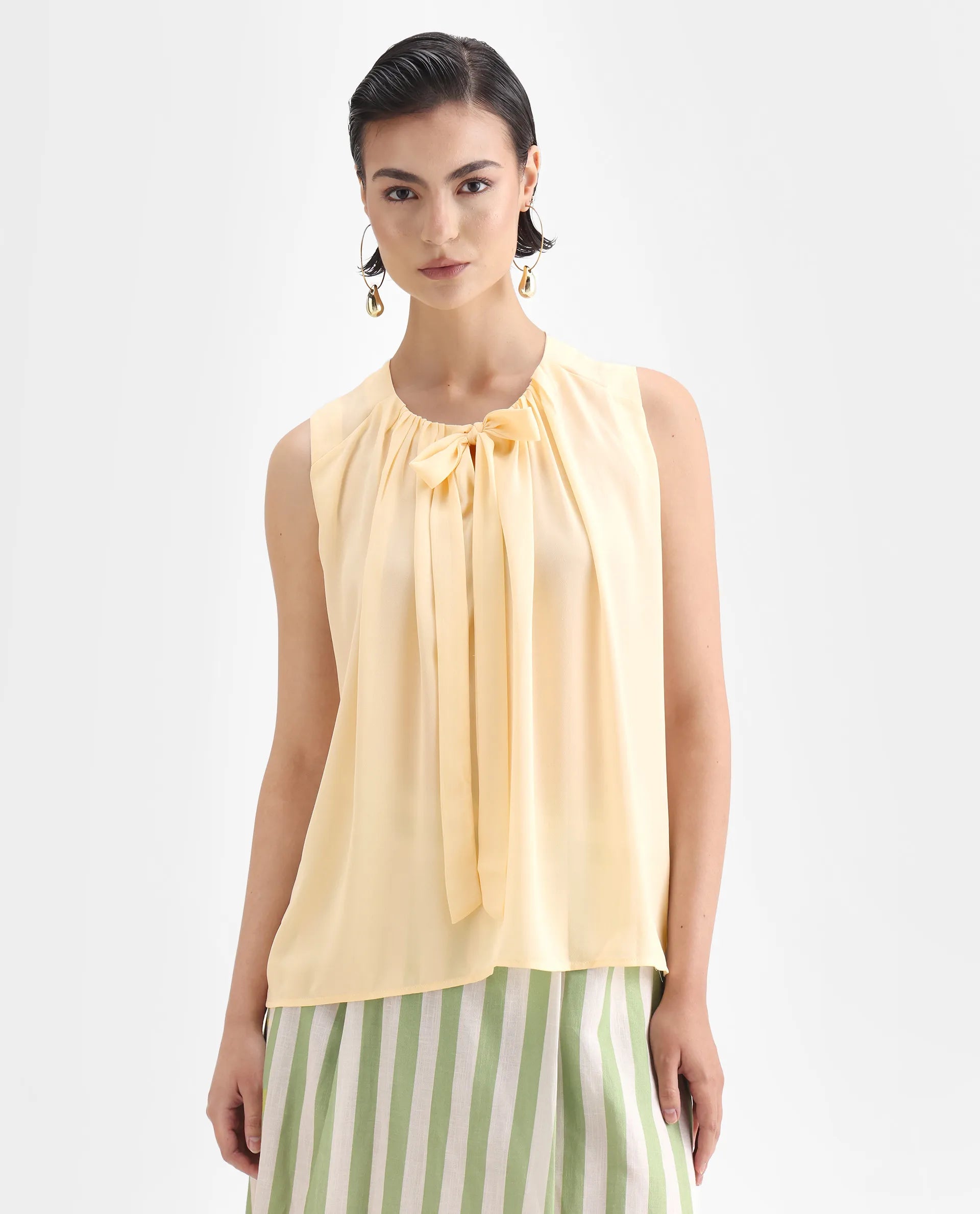 Rareism Women's Beverly Beige Polyester Tie-Up Neck Plain Sleeveless Relaxed Fit Top