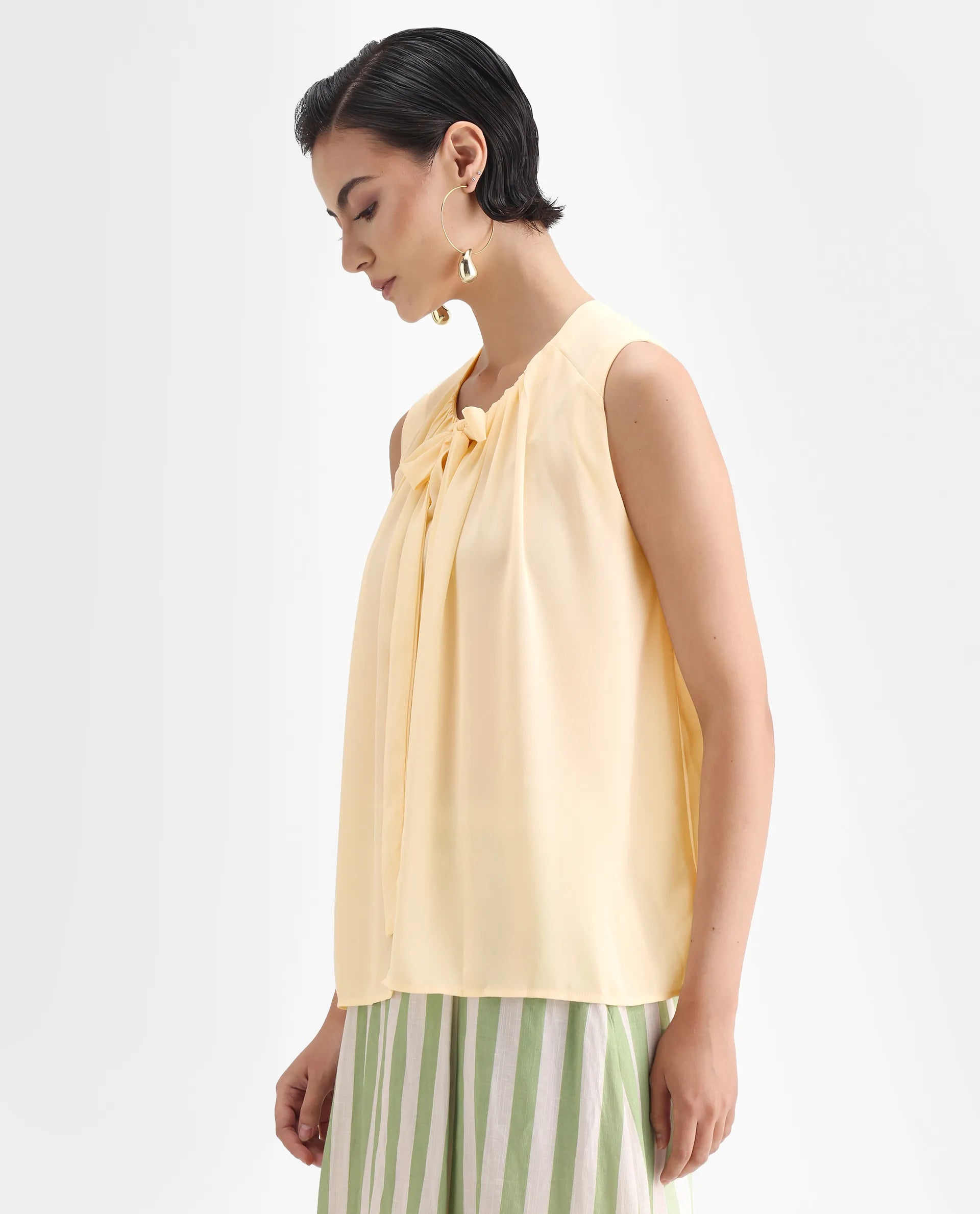 Rareism Women's Beverly Beige Polyester Tie-Up Neck Plain Sleeveless Relaxed Fit Top