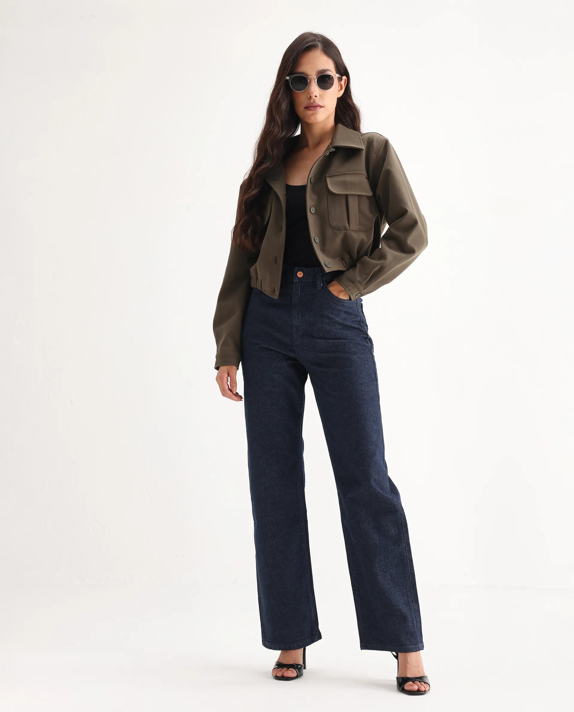 Rareism Women's Bewak Dark Blue Cotton Blend Plain Ankle Length Smart Straight Fit Jeans