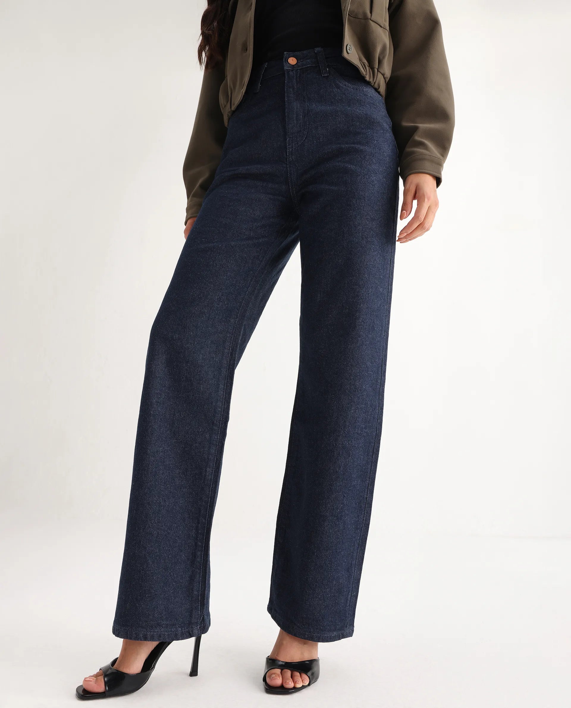 Rareism Women's Bewak Dark Blue Cotton Blend Plain Ankle Length Smart Straight Fit Jeans