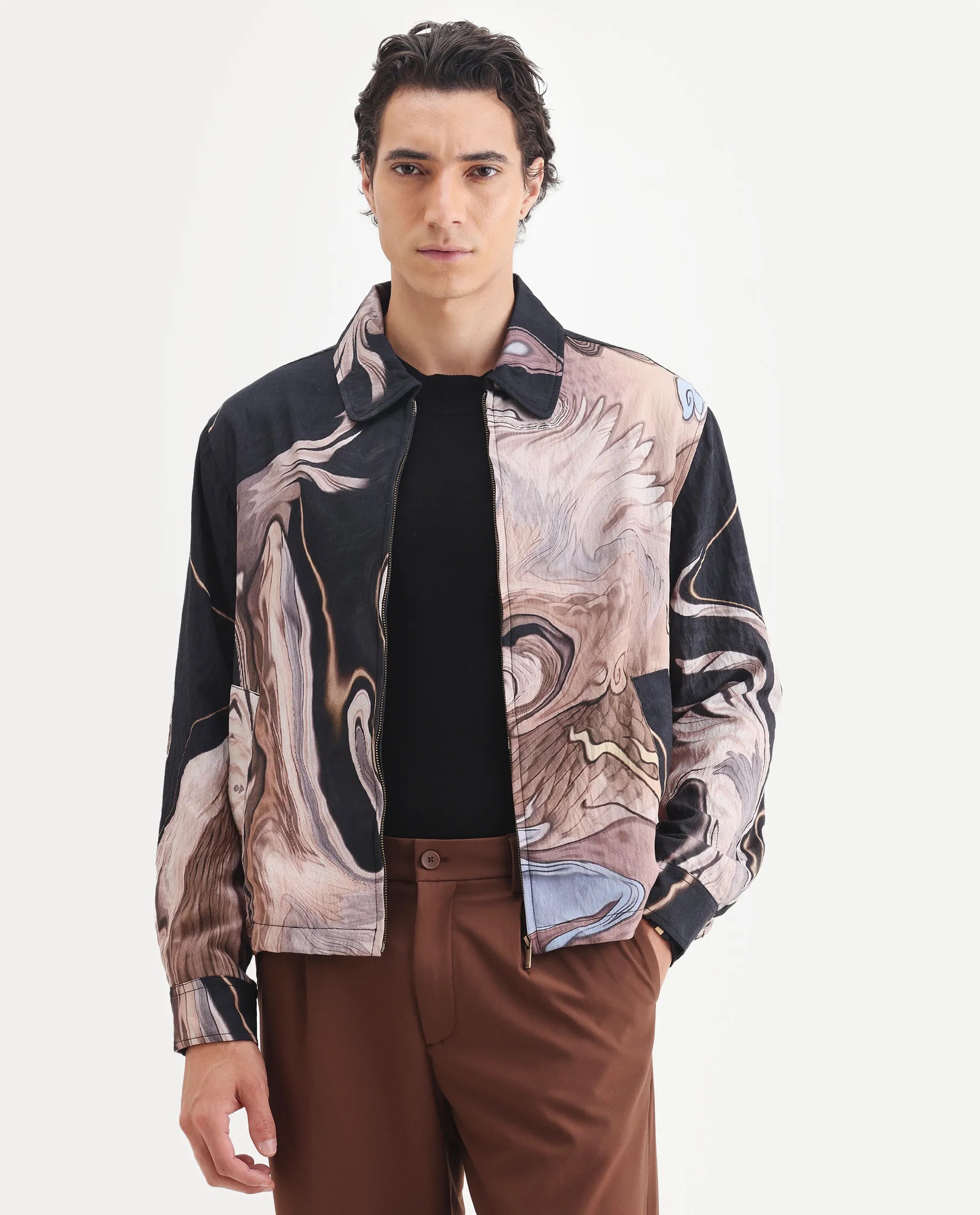 Rare Rabbit Men's Bexa Black Viscose Blend Fabric Spread Collar Regular Fit Abstract Print Jacket