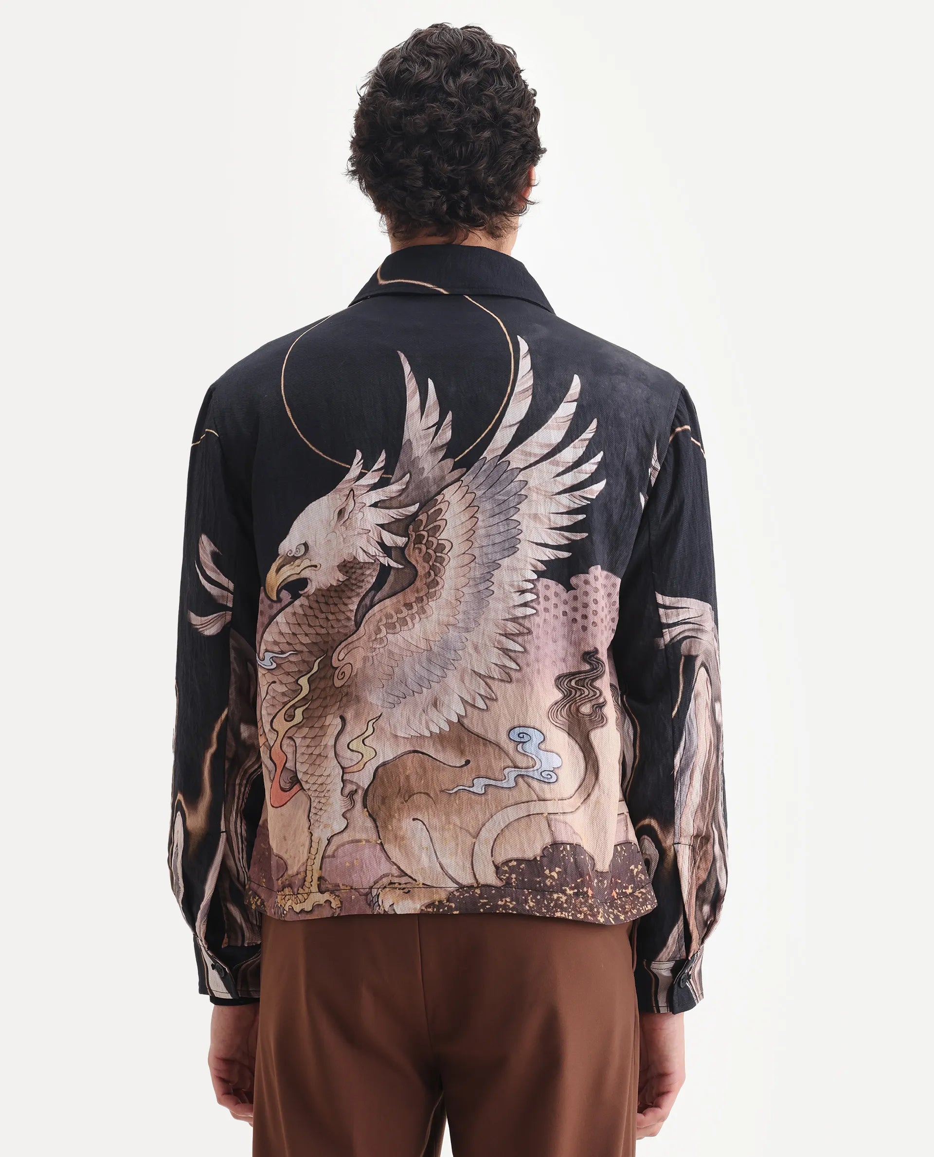 Rare Rabbit Men's Bexa Black Viscose Blend Fabric Spread Collar Regular Fit Abstract Print Jacket