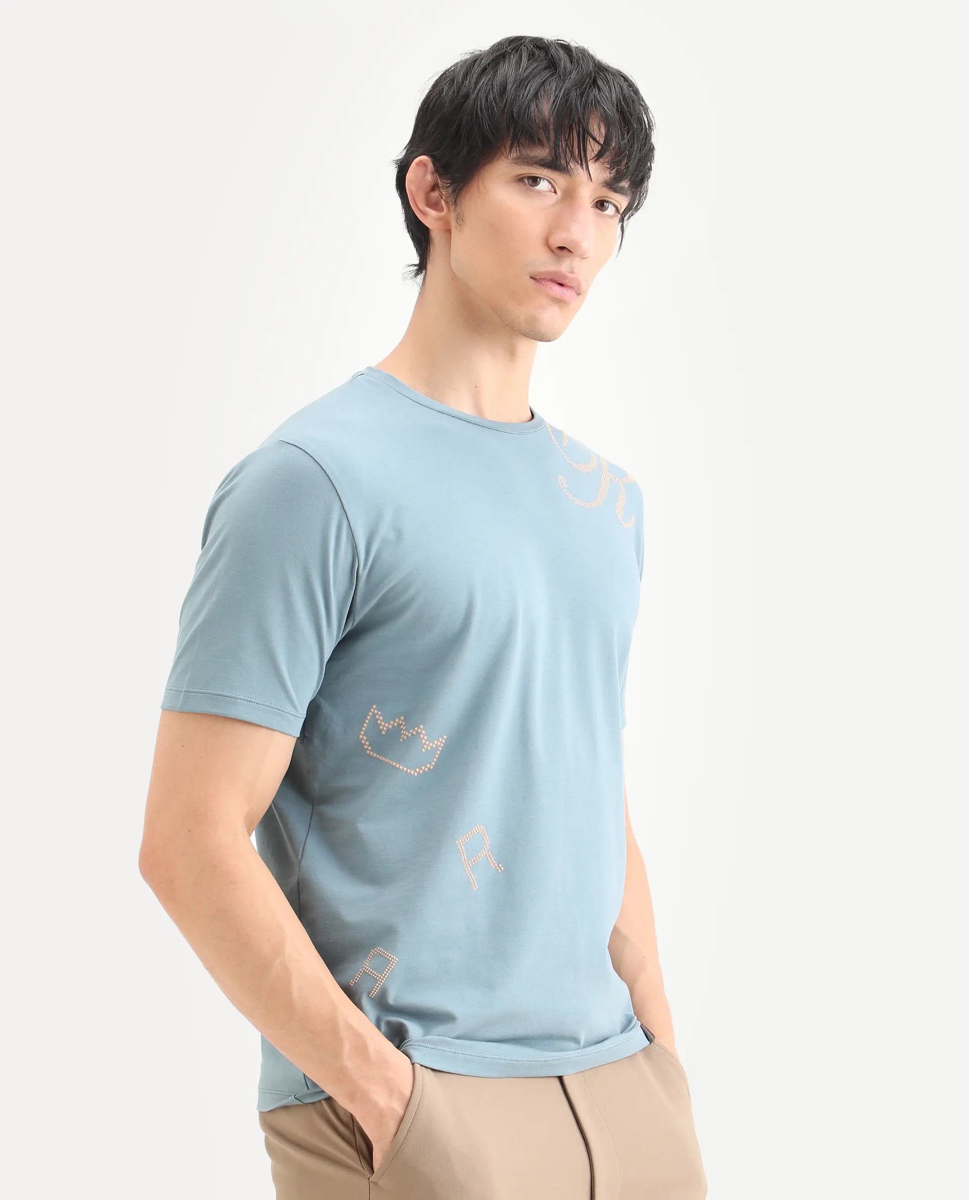 Rare Rabbit Men's Bex Dusky Blue Cotton Blend Fabric Half Sleeve Crew Neck Regular Fit Graphic Print T-Shirt
