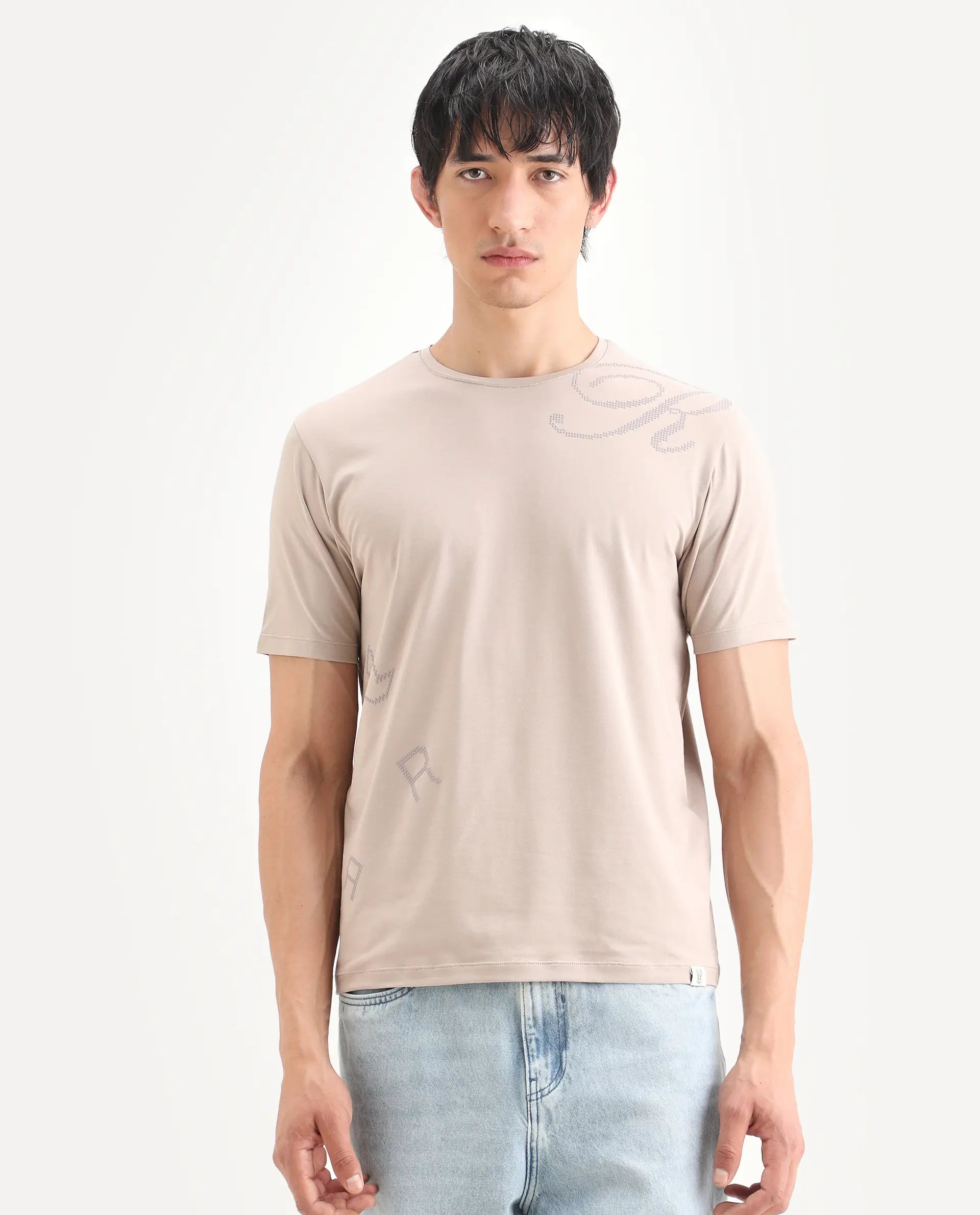 Rare Rabbit Men's Bex Light Beige Cotton Blend Fabric Half Sleeve Crew Neck Regular Fit Graphic Print T-Shirt