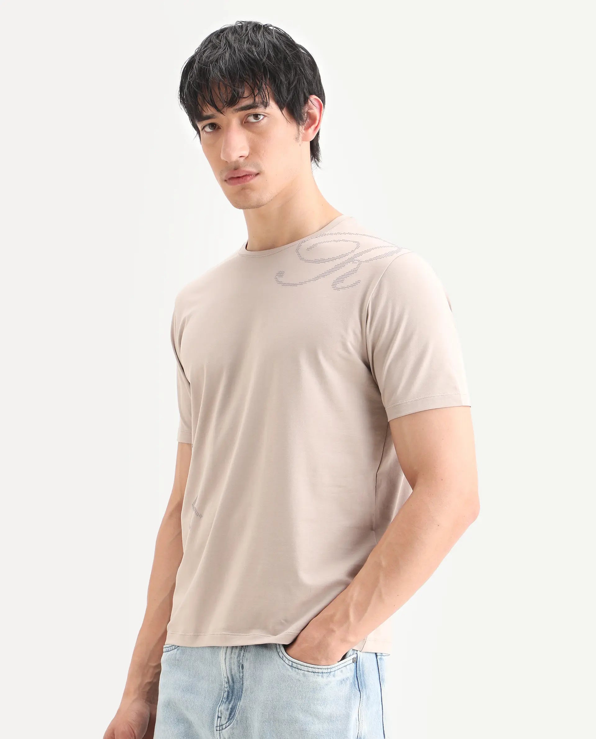 Rare Rabbit Men's Bex Light Beige Cotton Blend Fabric Half Sleeve Crew Neck Regular Fit Graphic Print T-Shirt