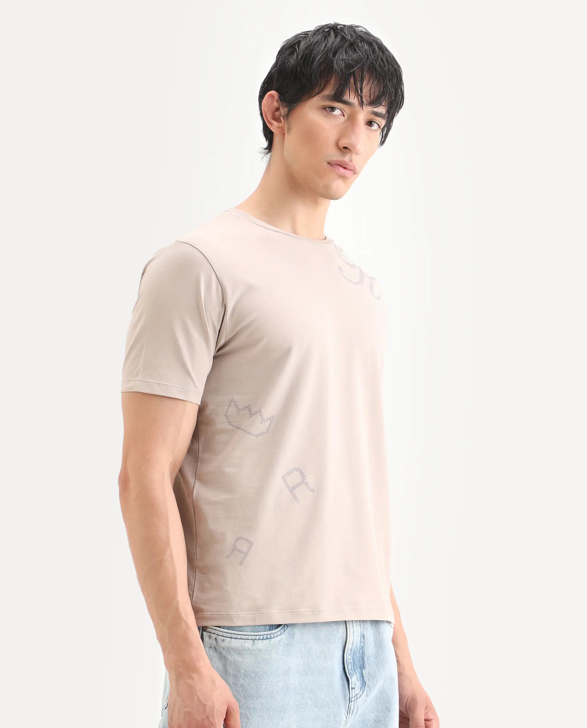 Rare Rabbit Men's Bex Light Beige Cotton Blend Fabric Half Sleeve Crew Neck Regular Fit Graphic Print T-Shirt