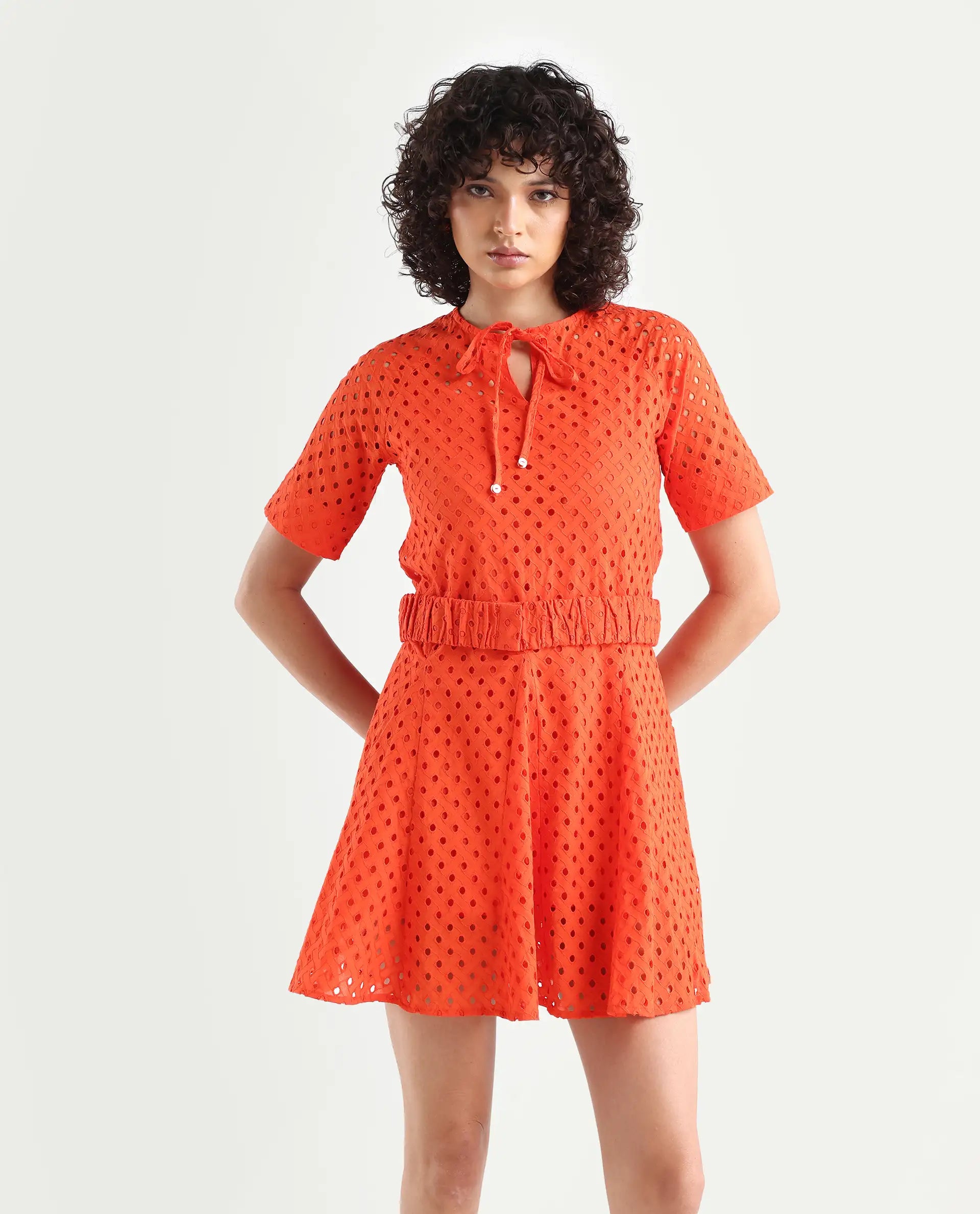 Rareism Women's Bex Orange Cotton Tie-Up Neck Schiffli Knee Length Regular Fit Dress