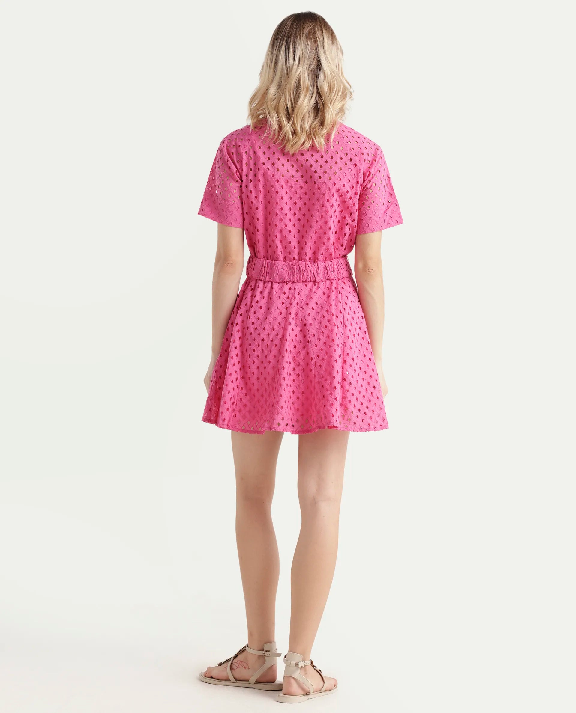 Rareism Women's Bex Pink Cotton Tie-Up Neck Schiffli Knee Length Regular Fit Dress