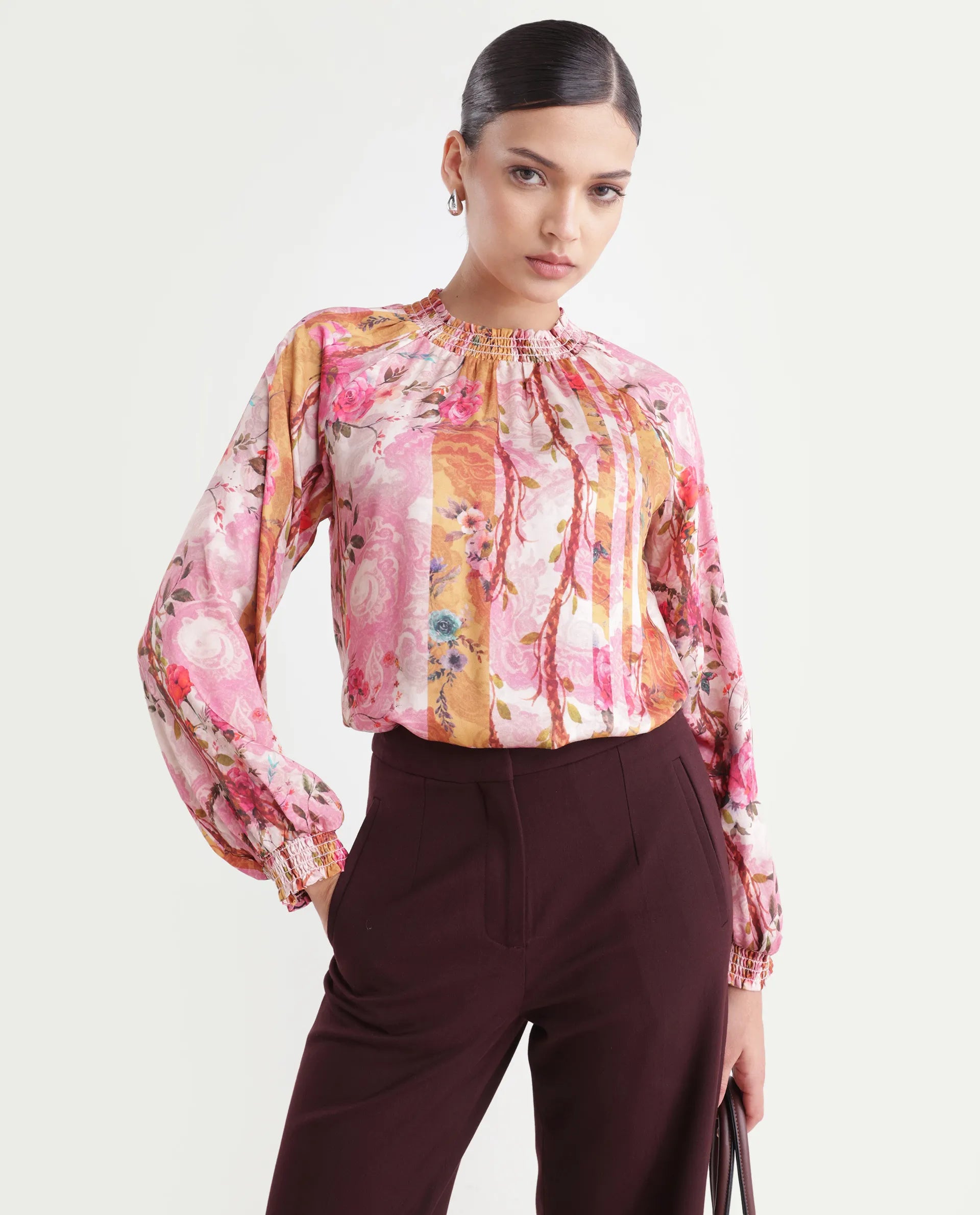 Rareism Women's Bexx Multi Cotton Blend High Neck Floral Print Bishop Sleeve Regular Fit Top