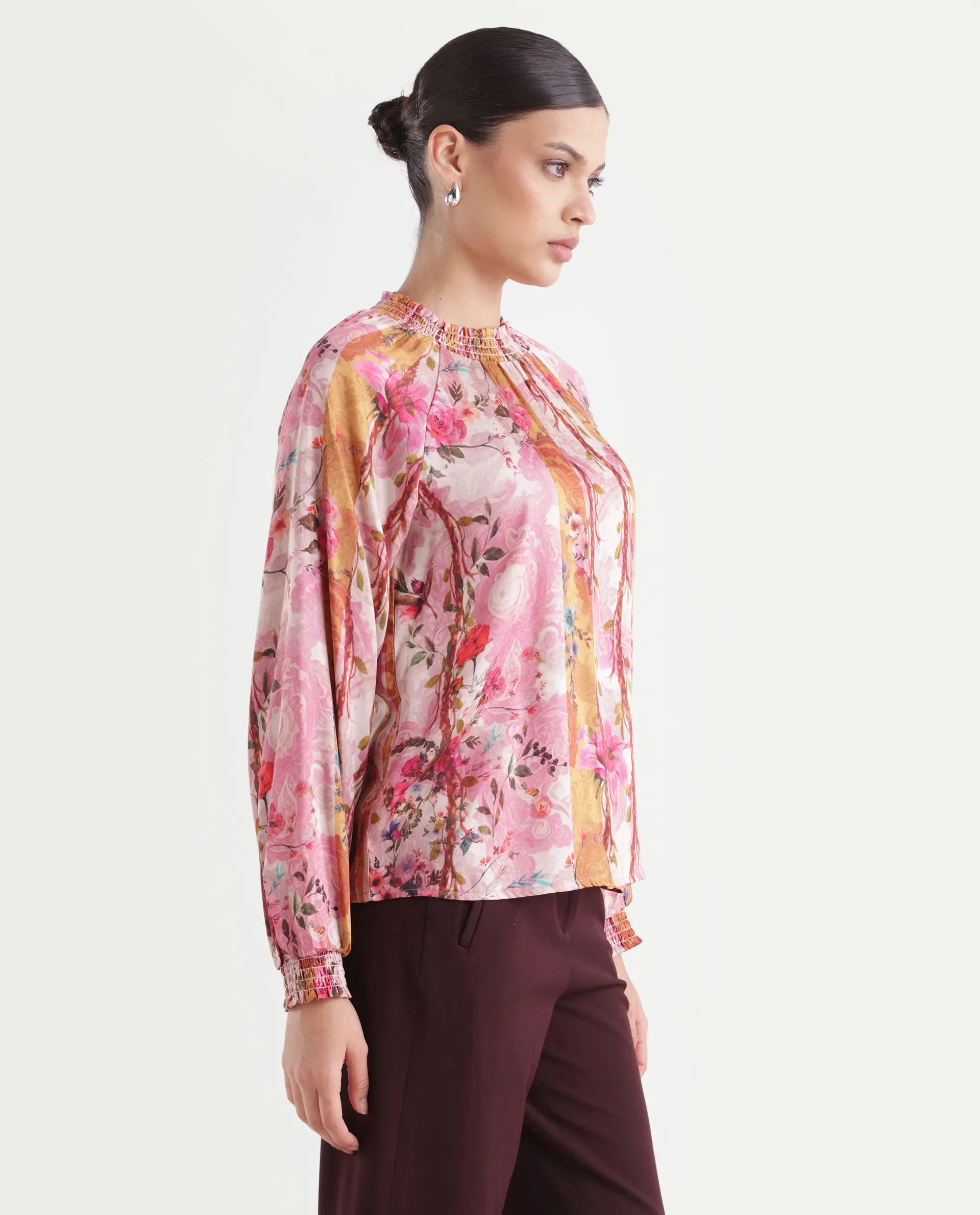 Rareism Women's Bexx Multi Cotton Blend High Neck Floral Print Bishop Sleeve Regular Fit Top