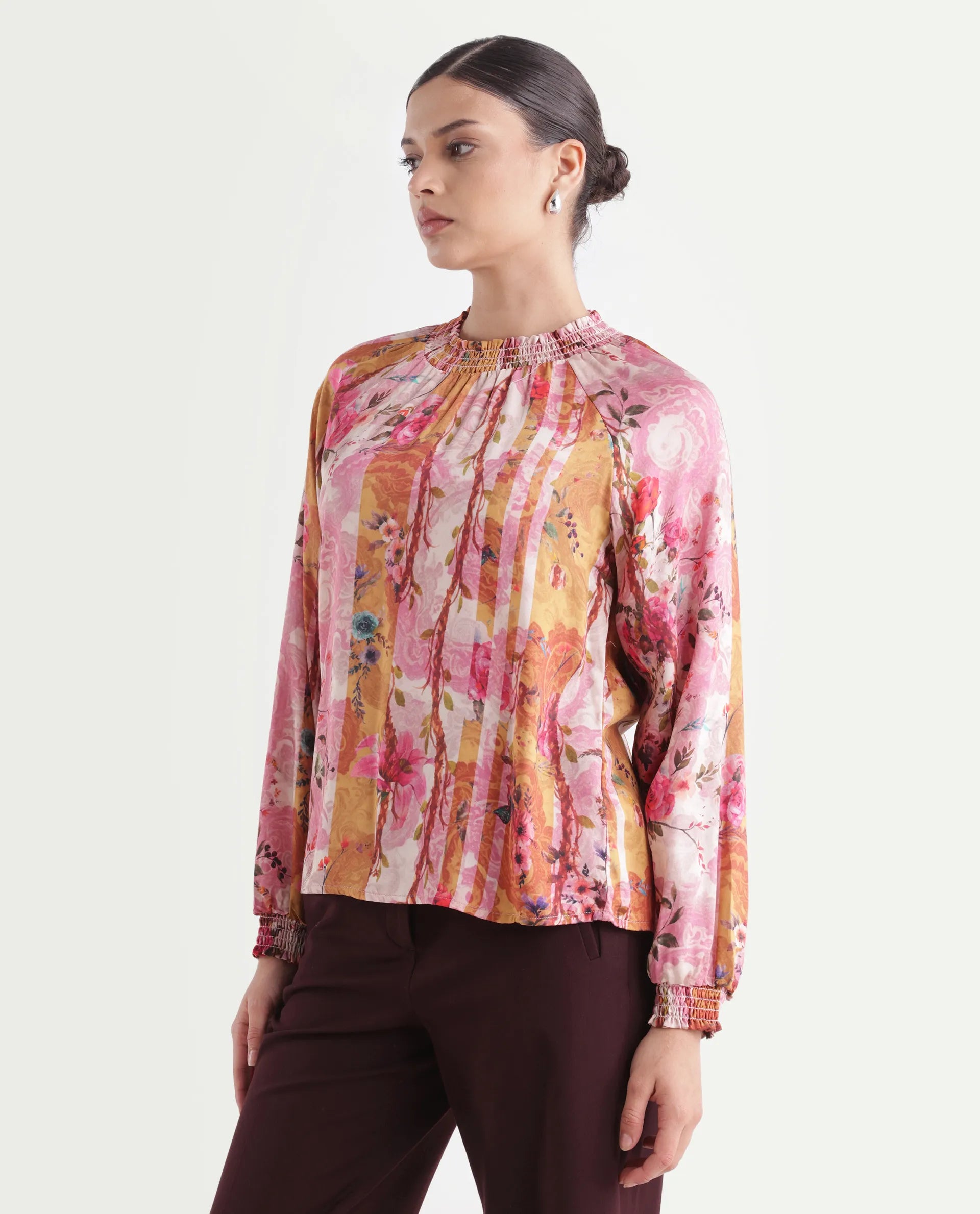 Rareism Women's Bexx Multi Cotton Blend High Neck Floral Print Bishop Sleeve Regular Fit Top