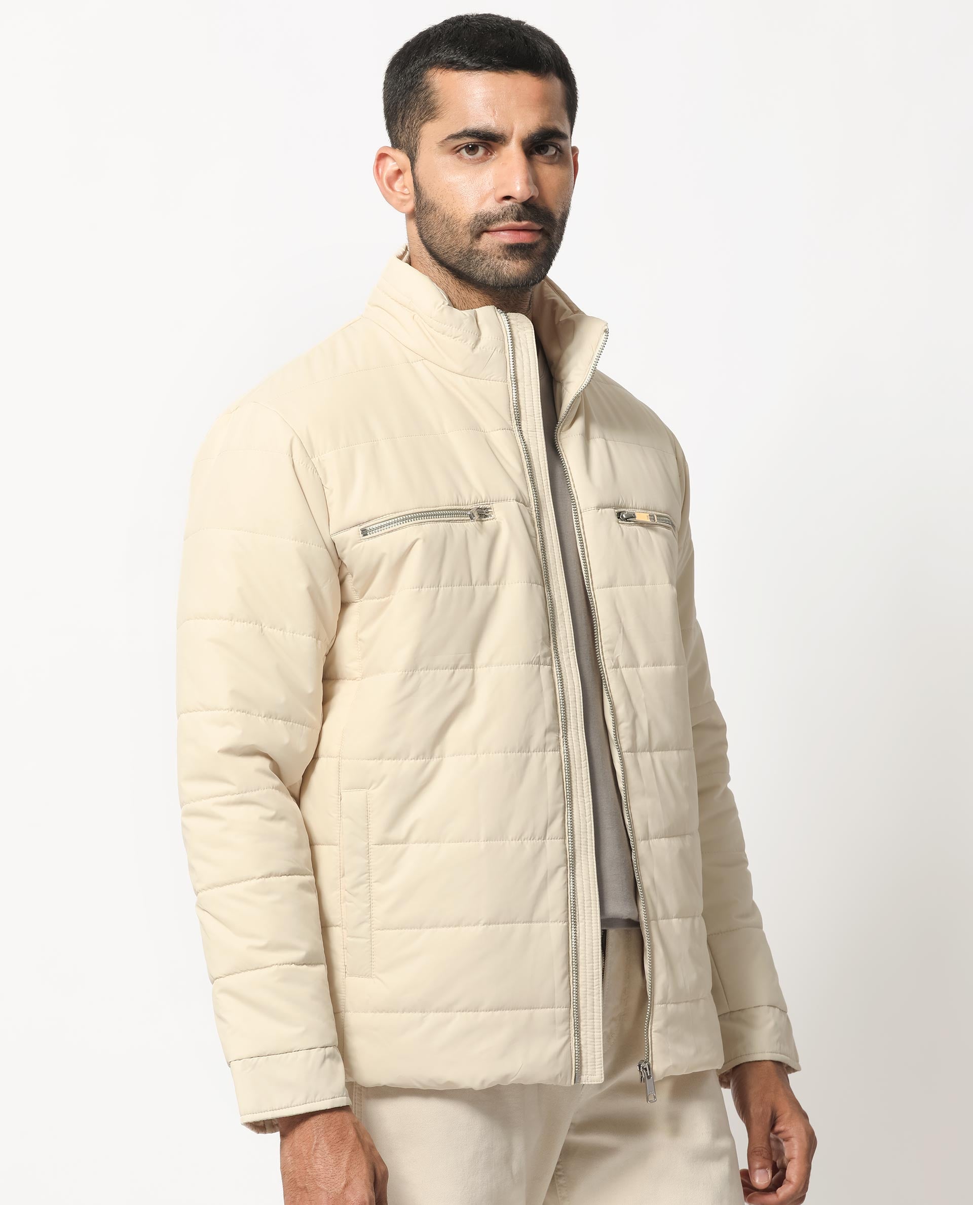 Rare Rabbit Men's Beylor Light Beige Plain High Neck Puffer Jacket