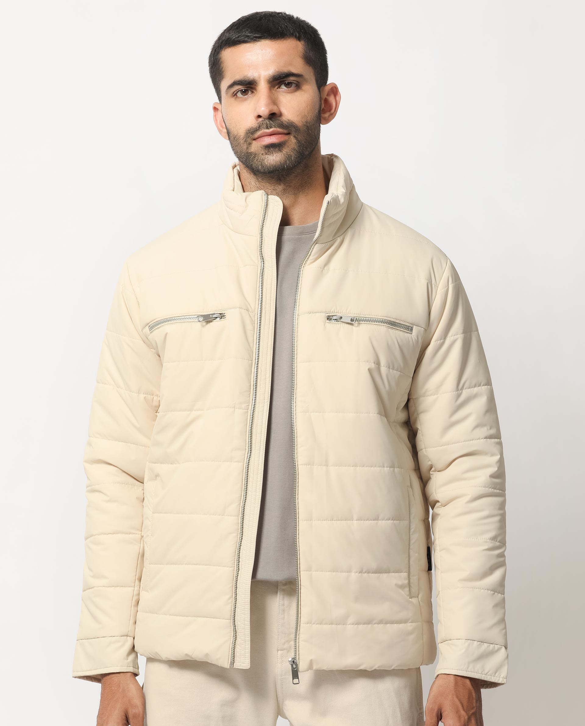 Rare Rabbit Men's Beylor Light Beige Plain High Neck Puffer Jacket