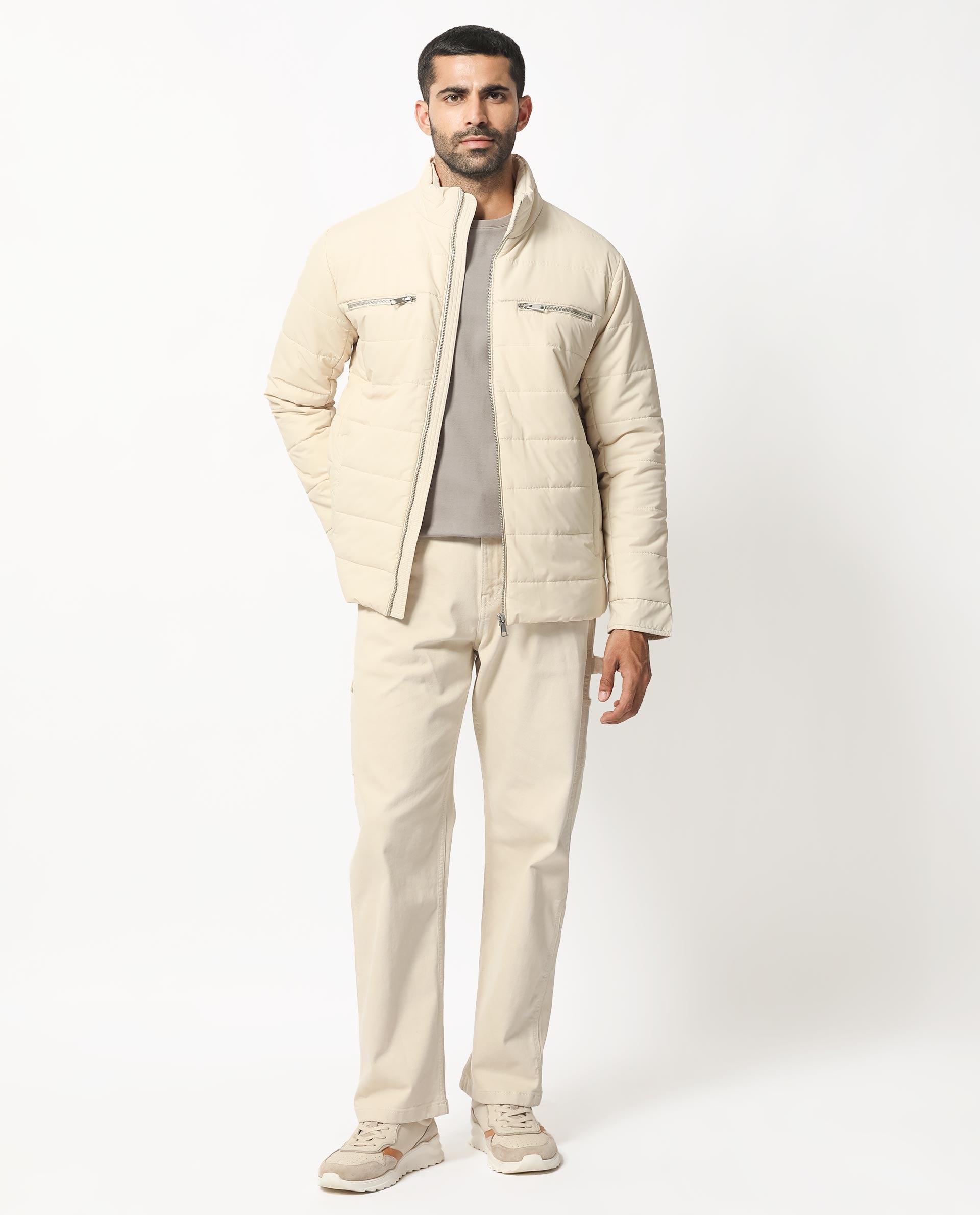 Rare Rabbit Men's Beylor Light Beige Plain High Neck Puffer Jacket