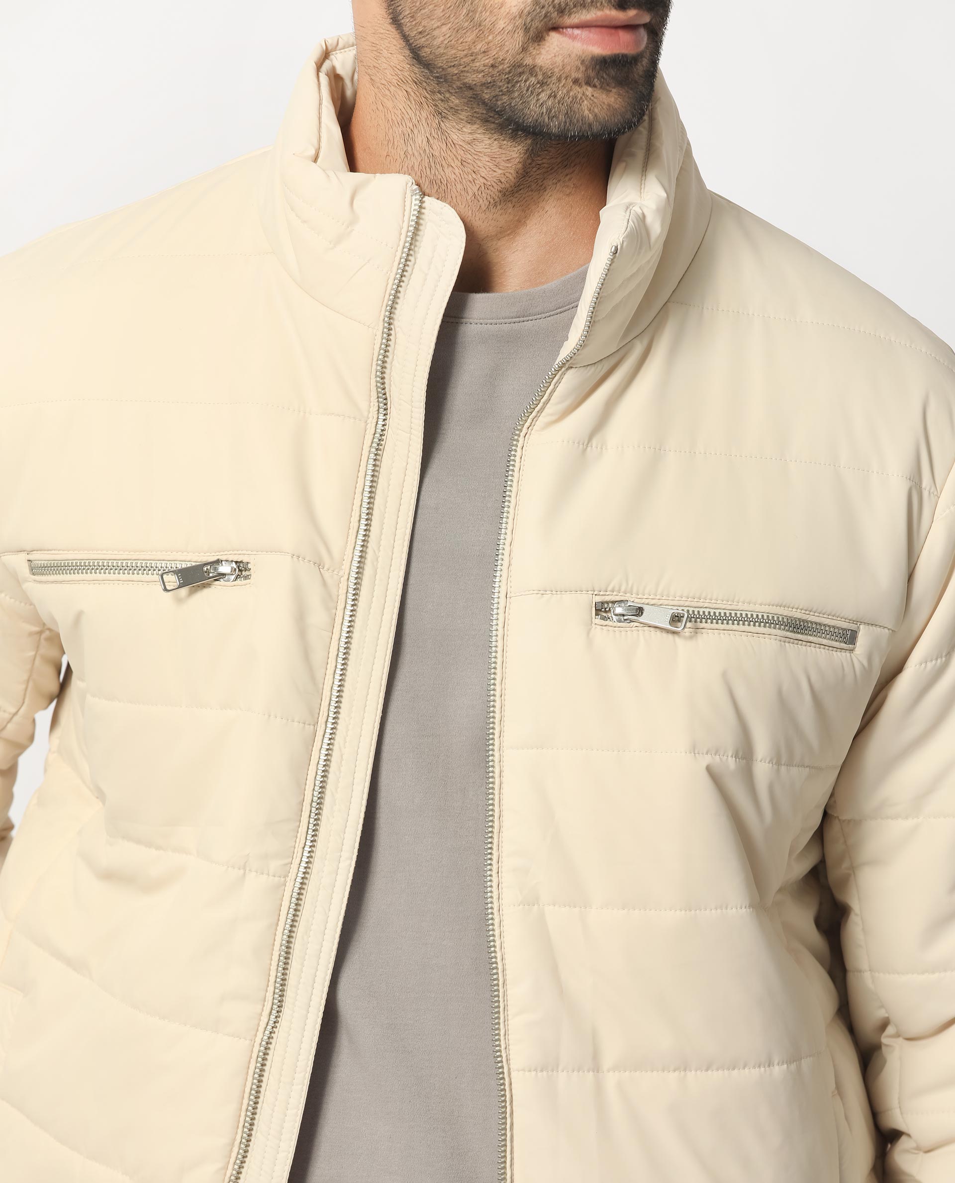 Rare Rabbit Men's Beylor Light Beige Plain High Neck Puffer Jacket