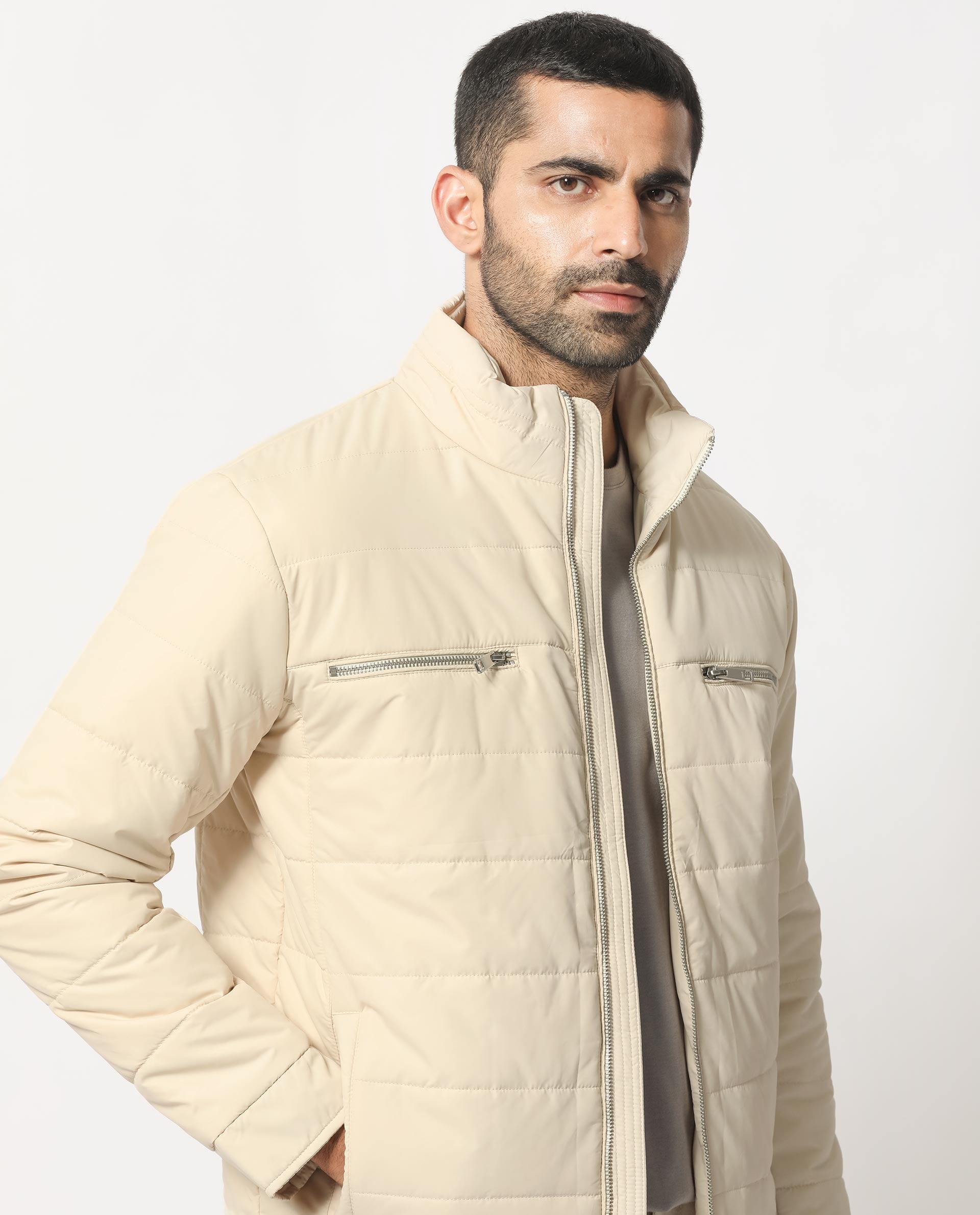 Rare Rabbit Men's Beylor Light Beige Plain High Neck Puffer Jacket
