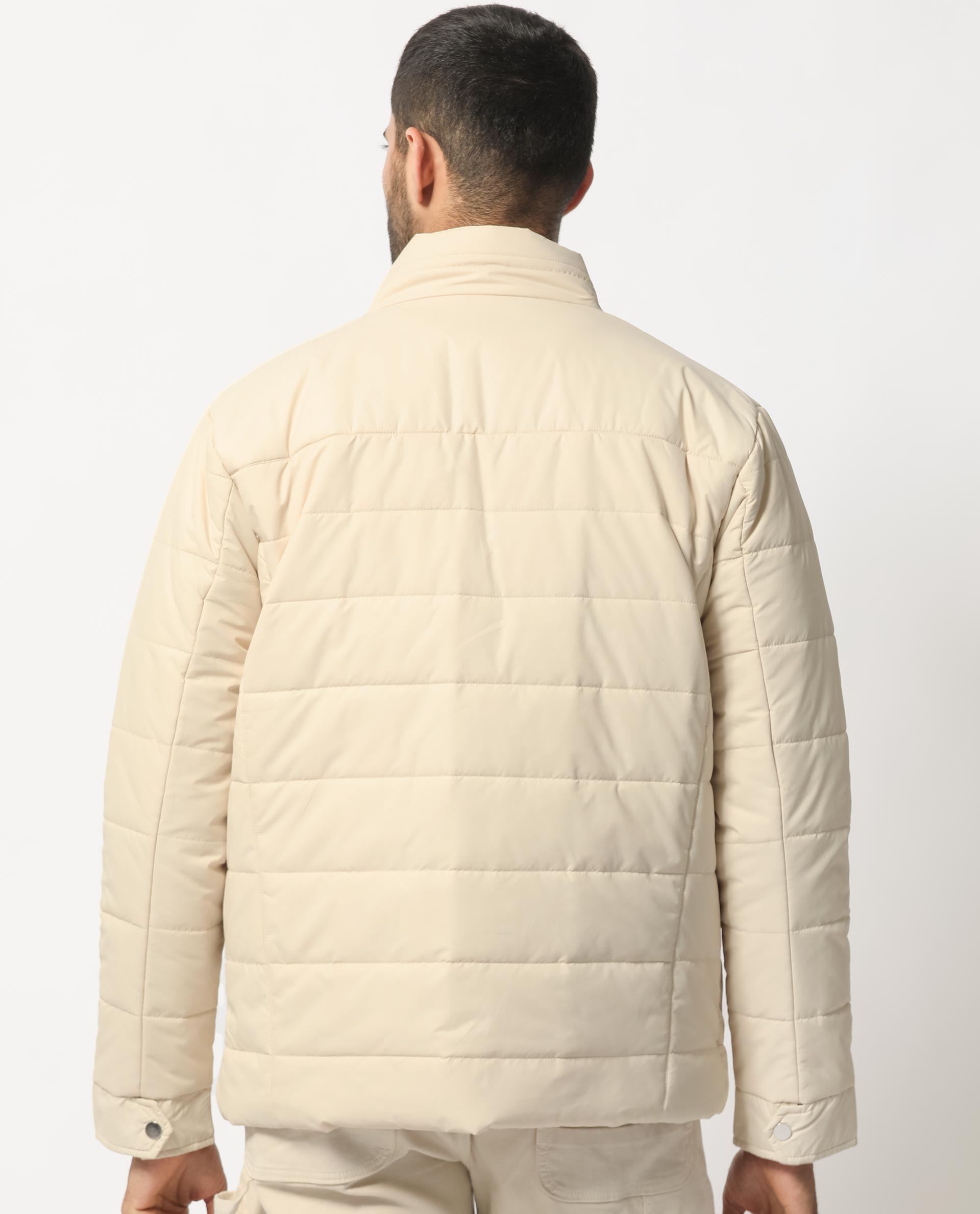 Rare Rabbit Men's Beylor Light Beige Plain High Neck Puffer Jacket
