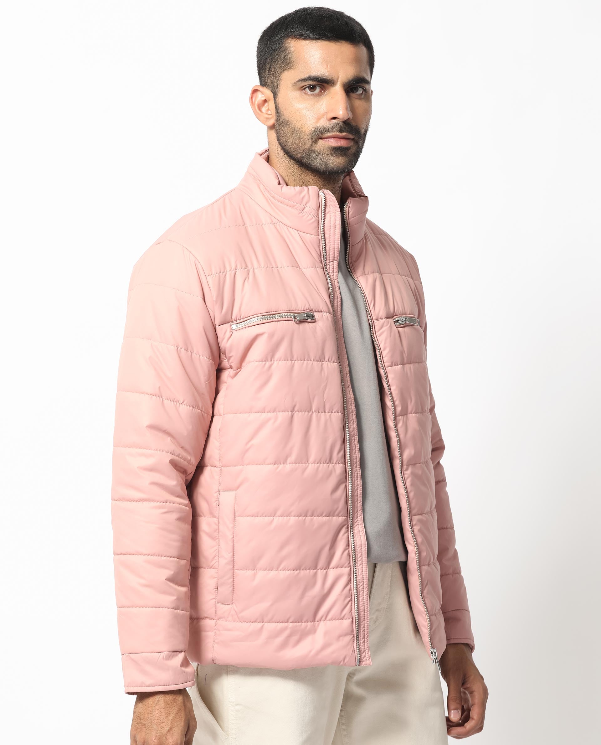 Rare Rabbit Men's Beylor Light Peach Plain High Neck Puffer Jacket