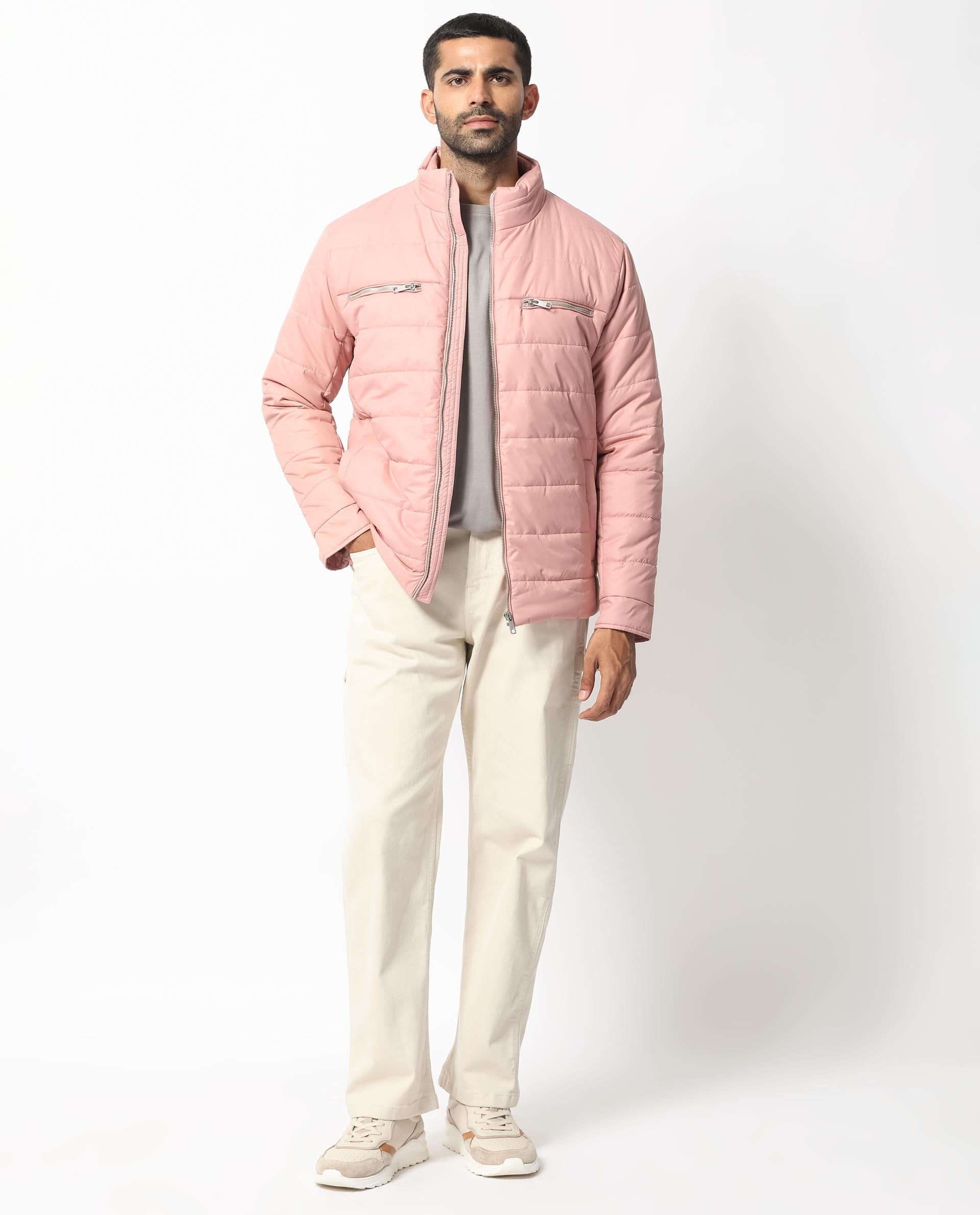 Rare Rabbit Men's Beylor Light Peach Plain High Neck Puffer Jacket