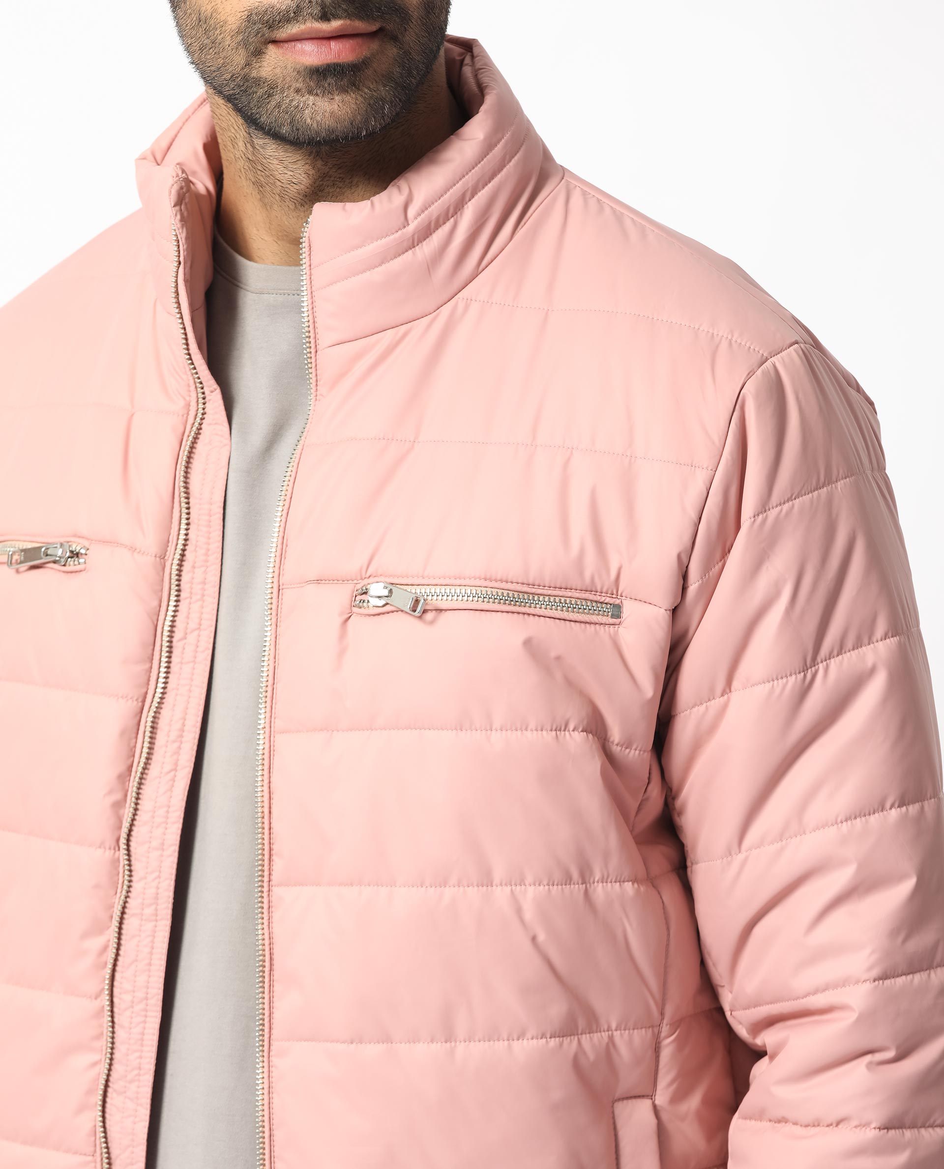 Rare Rabbit Men's Beylor Light Peach Plain High Neck Puffer Jacket