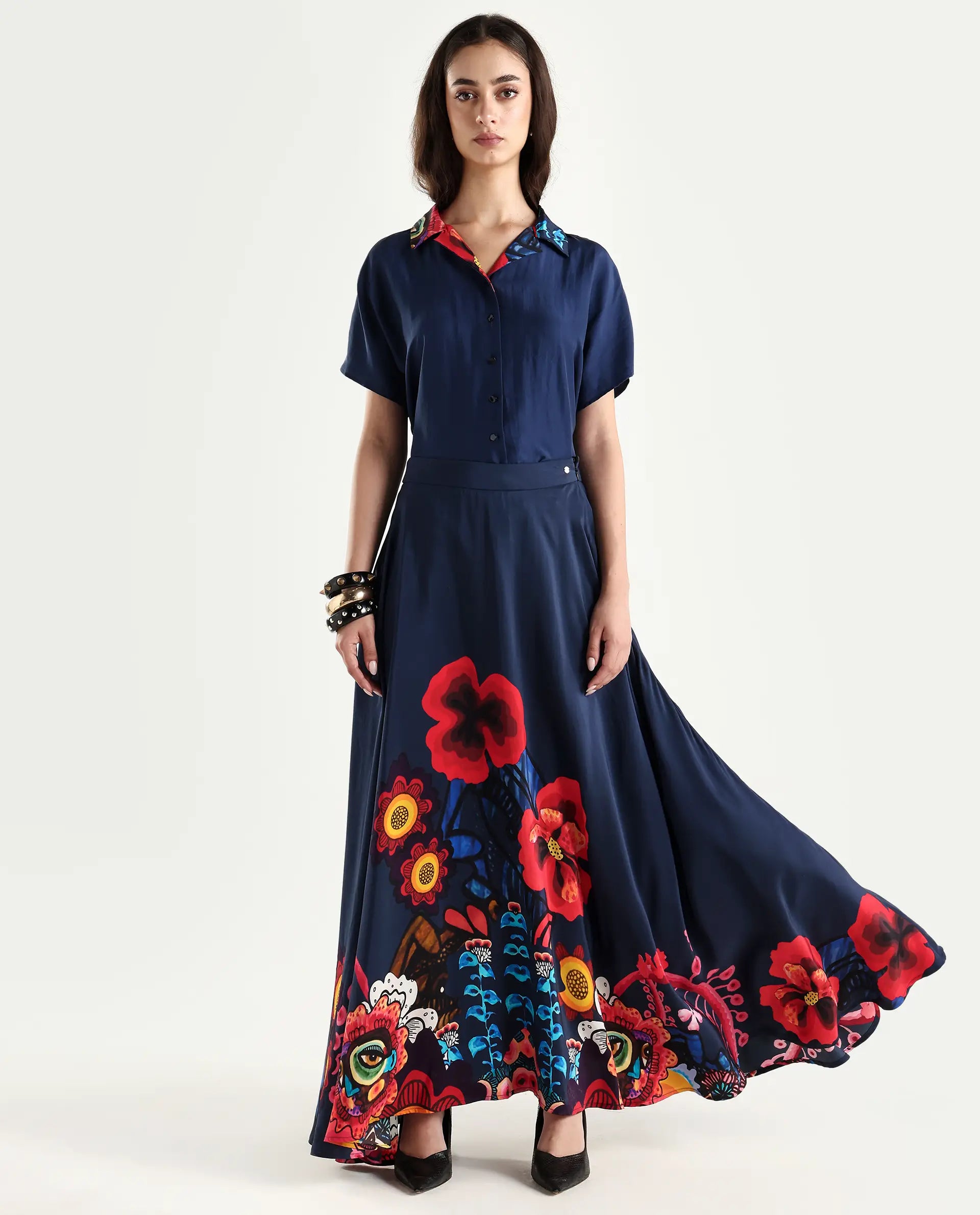 Rareism Women's Bezfa-B Navy Silk Flared Abstract Print Skirt