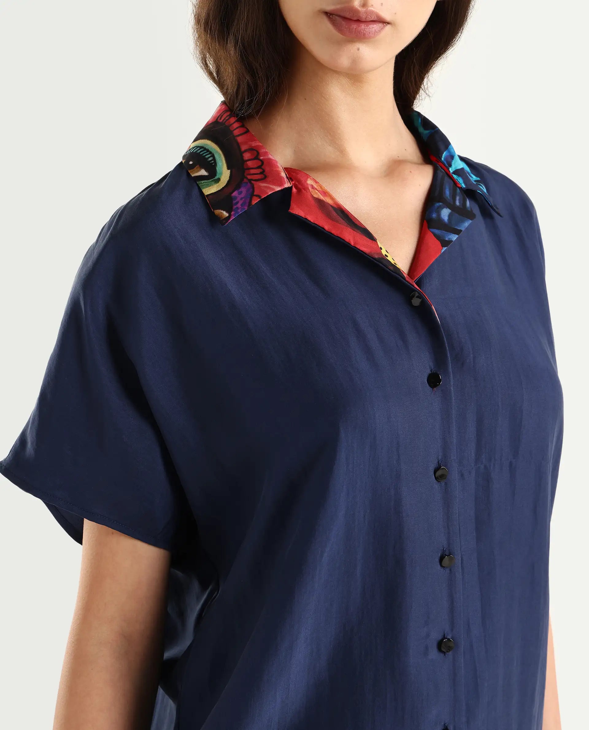 Rareism Women's Bezfa-T Navy Silk Half Sleeve Relaxed Fit Plain Shirt