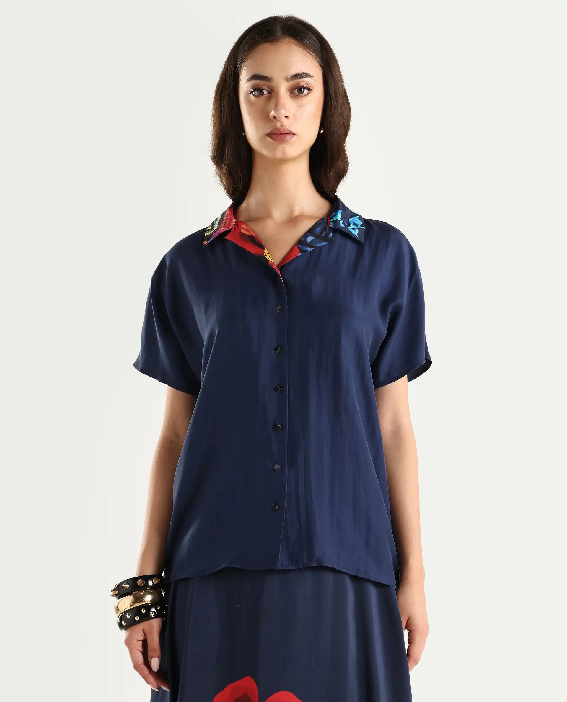 Rareism Women's Bezfa-T Navy Silk Half Sleeve Relaxed Fit Plain Shirt