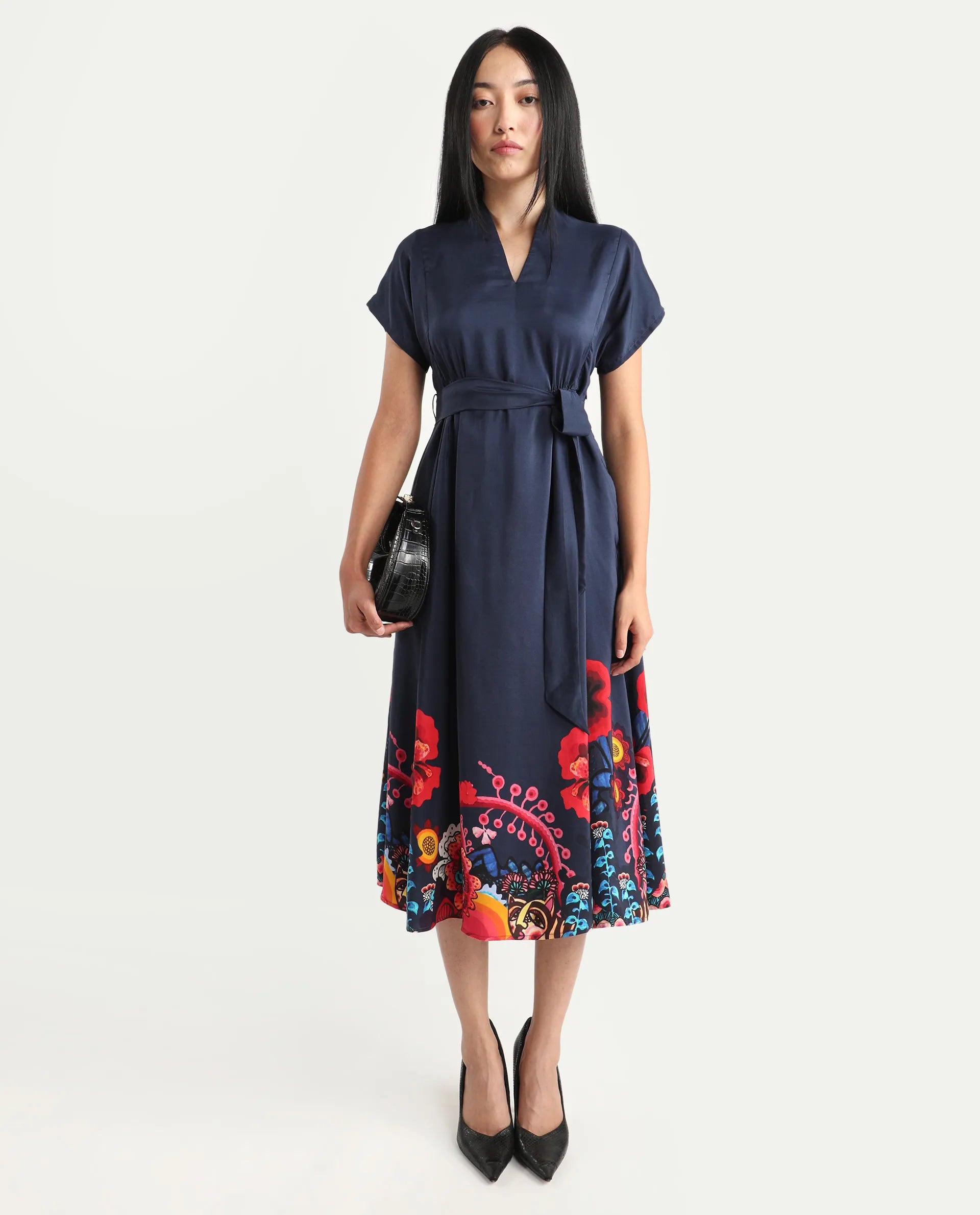 Rareism Women's Beziha Navy Silk Half Sleeve Flared Abstract Print Dress