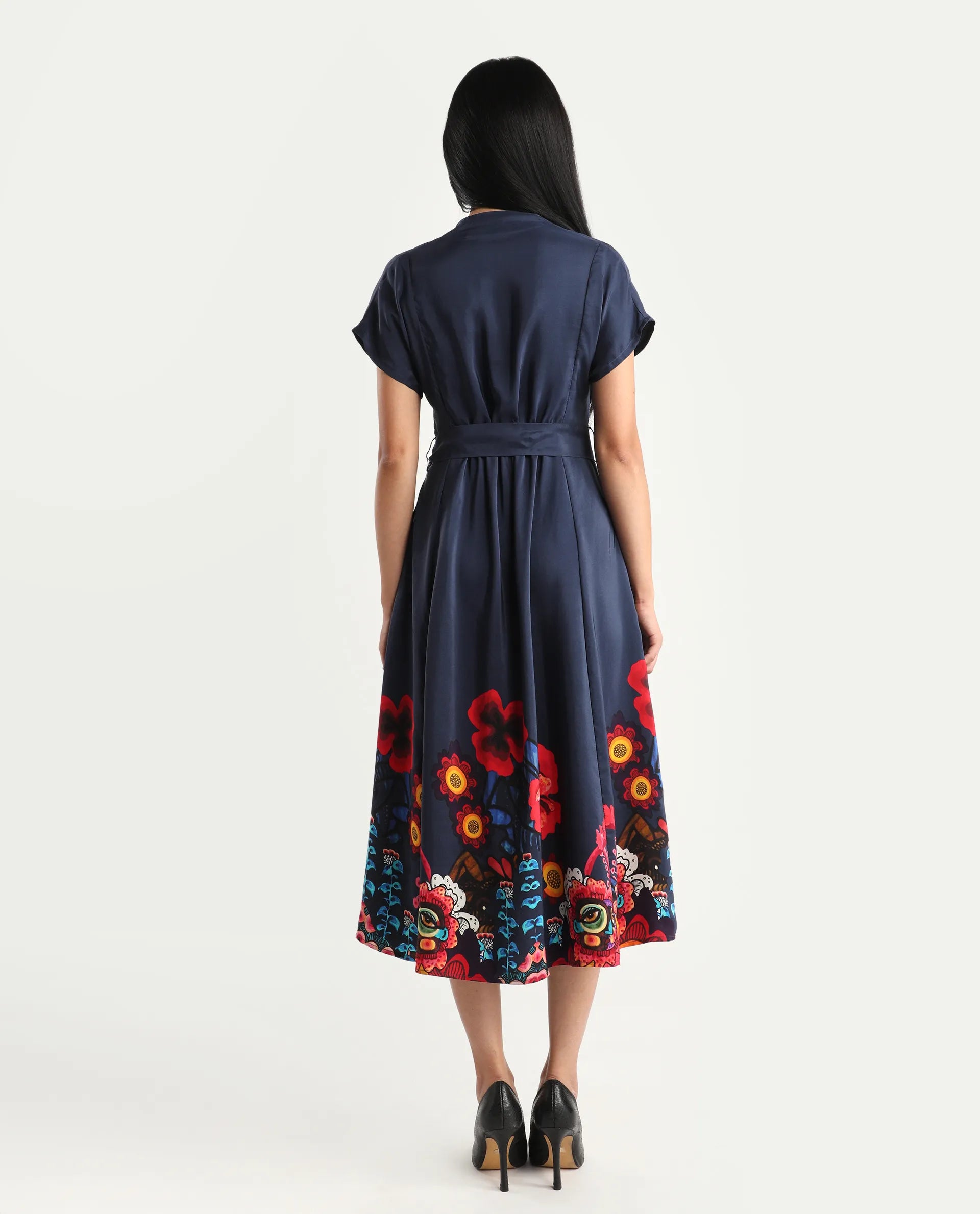 Rareism Women's Beziha Navy Silk Half Sleeve Flared Abstract Print Dress