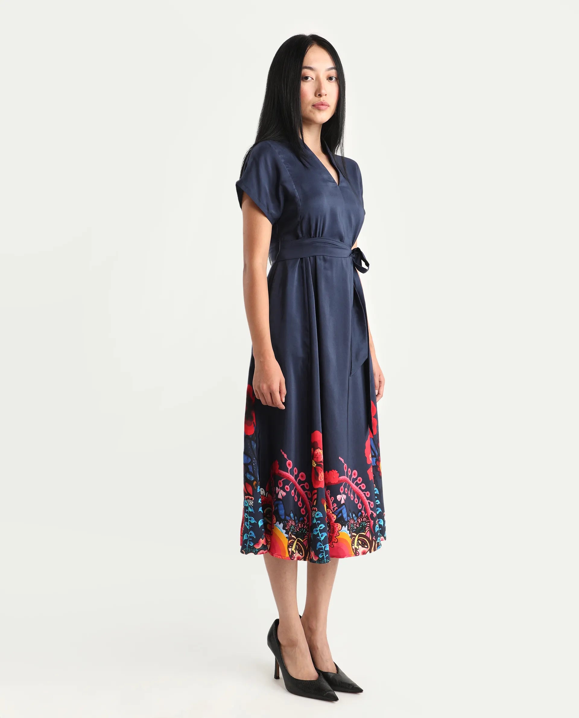 Rareism Women's Beziha Navy Silk Half Sleeve Flared Abstract Print Dress