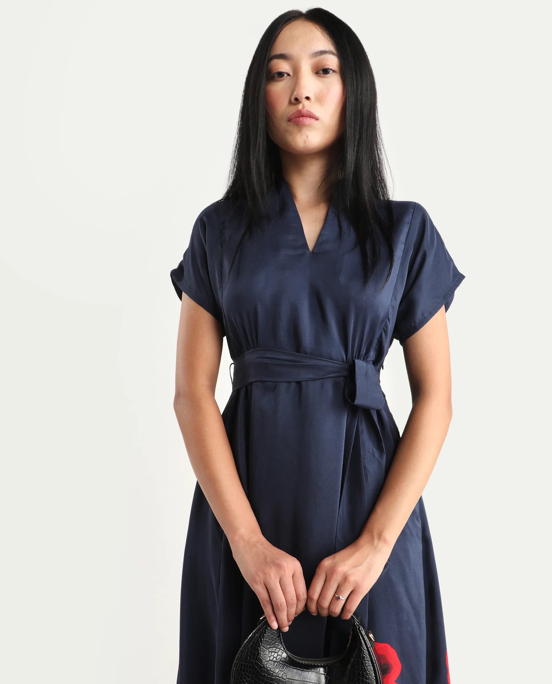 Rareism Women's Beziha Navy Silk Half Sleeve Flared Abstract Print Dress