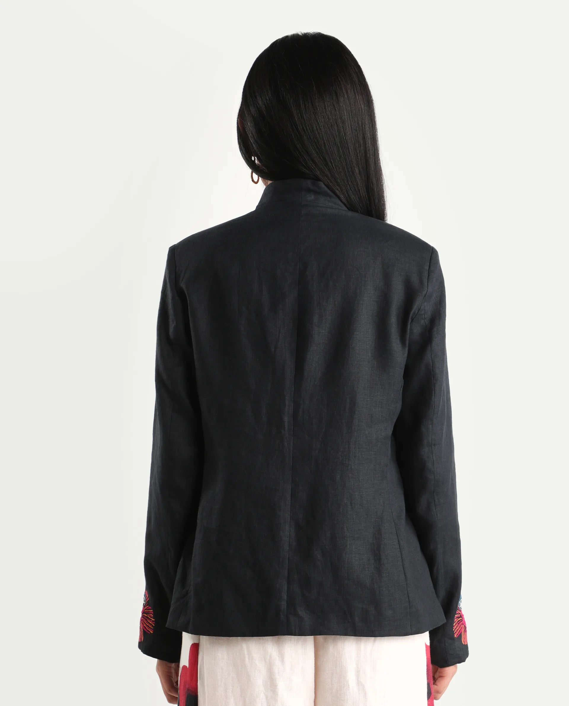 Rareism Women's Bezko Black 100% Linen Full Sleeve Regular Fit Embroidered Shrug